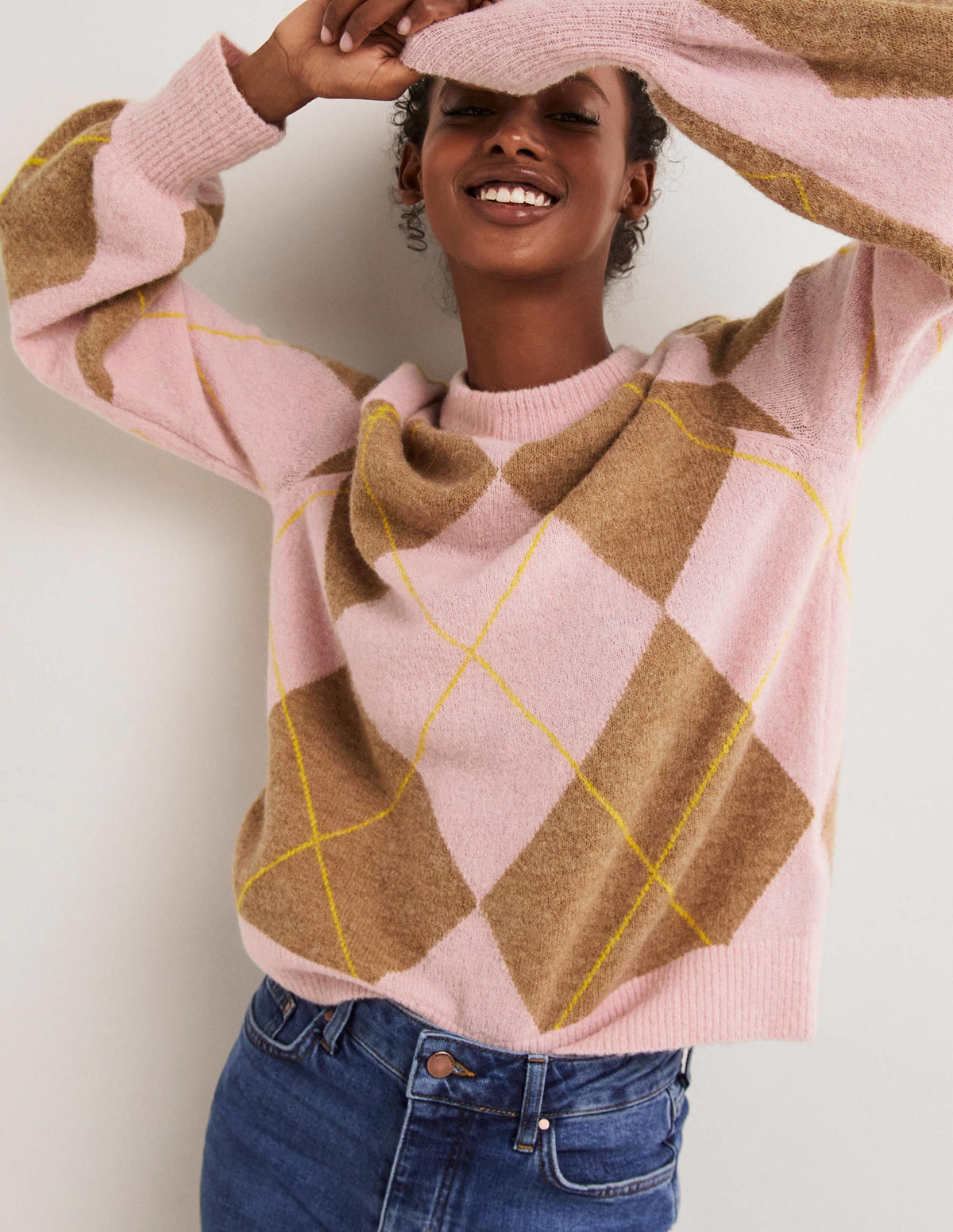 Blouson Sleeve Fluffy Sweater-Camel, Boto Pink Argyle-1