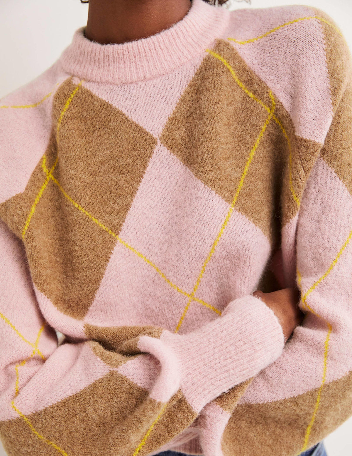 Blouson Sleeve Fluffy Sweater-Camel, Boto Pink Argyle-2