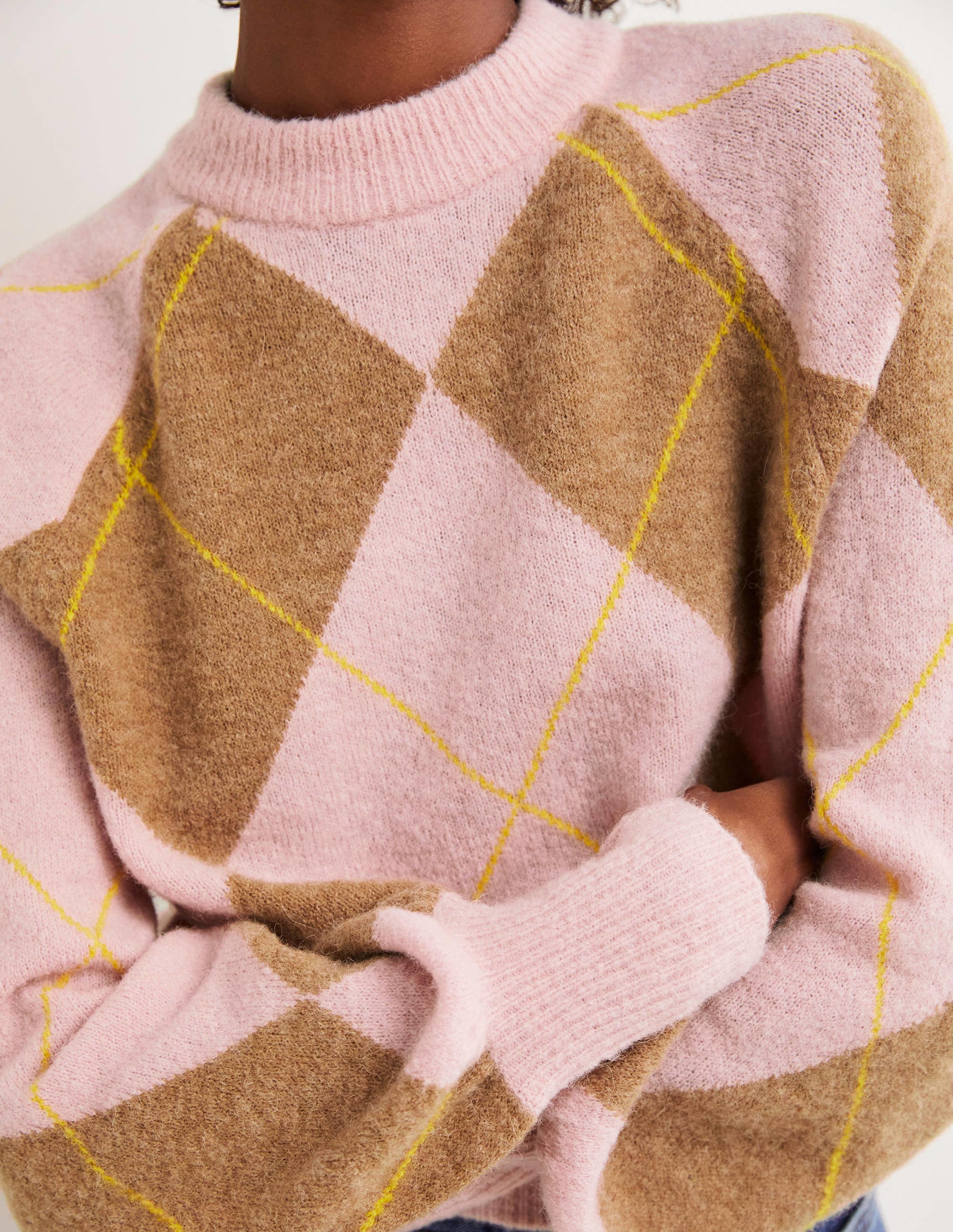 Blouson Sleeve Fluffy Sweater-Camel, Boto Pink Argyle - Image 2