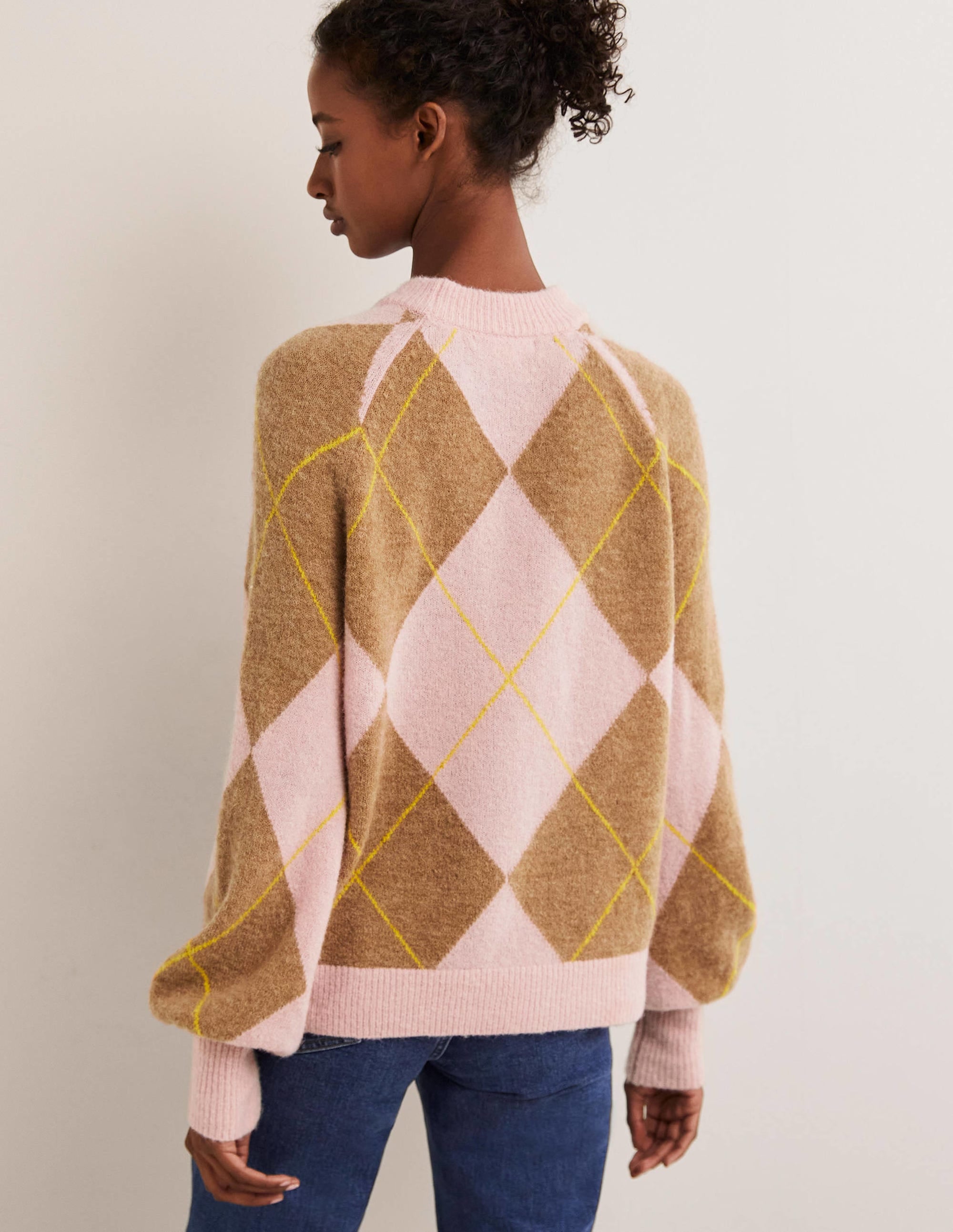 Blouson Sleeve Fluffy Sweater-Camel, Boto Pink Argyle - Image 3