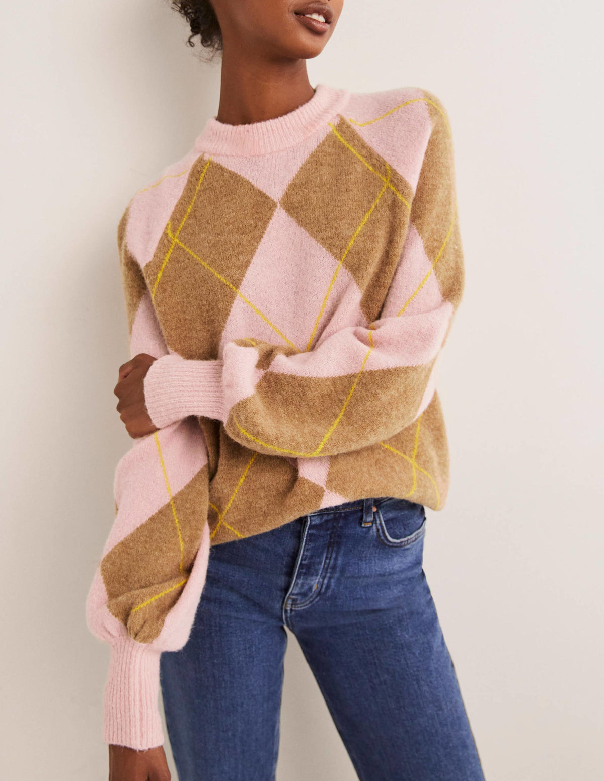 Blouson Sleeve Fluffy Sweater-Camel, Boto Pink Argyle-4