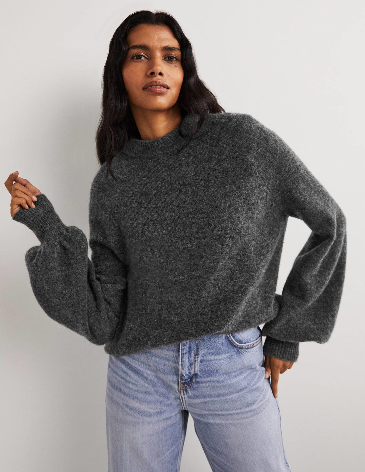 Blouson Sleeve Fluffy Sweater-Charcoal Melange - Image 1