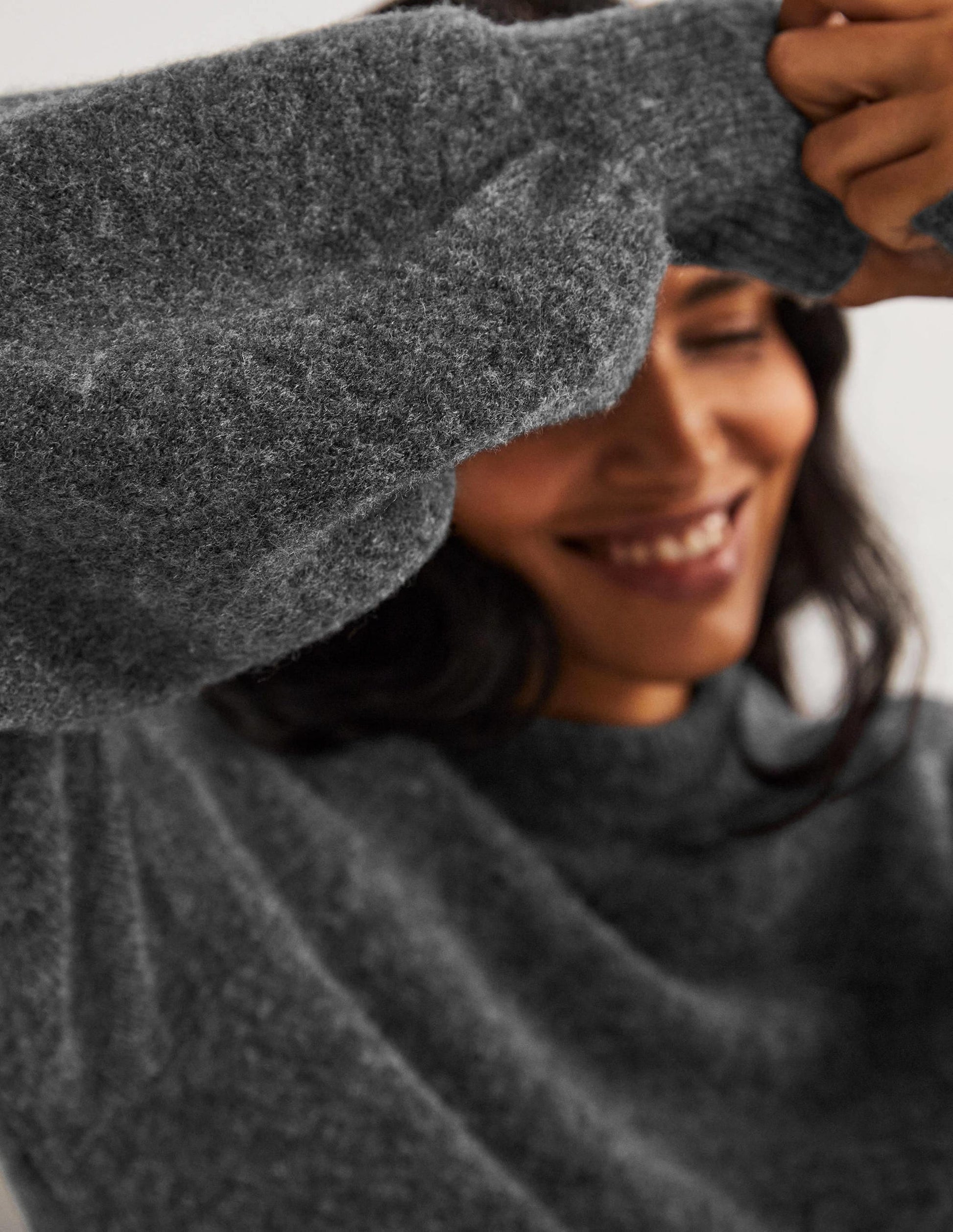 Blouson Sleeve Fluffy Sweater-Charcoal Melange-2