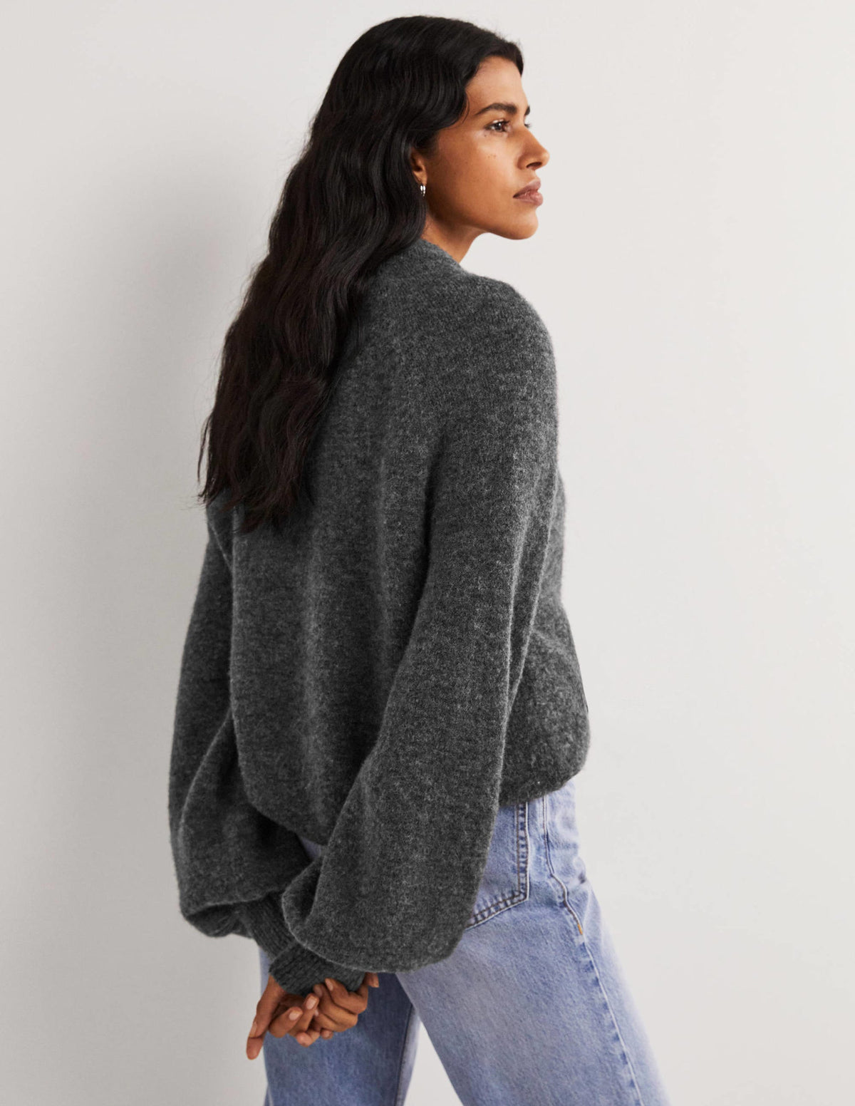 Blouson Sleeve Fluffy Sweater-Charcoal Melange-3