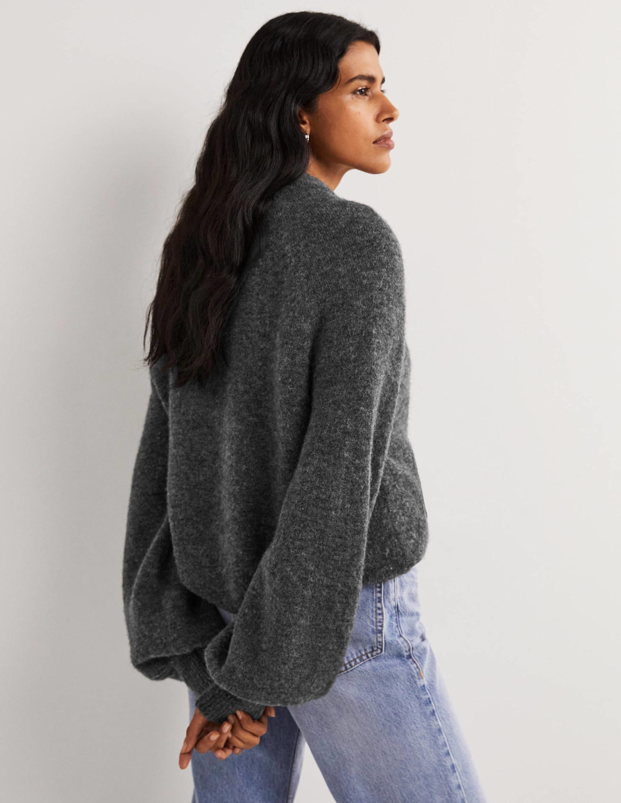 Blouson Sleeve Fluffy Sweater-Charcoal Melange - Image 3