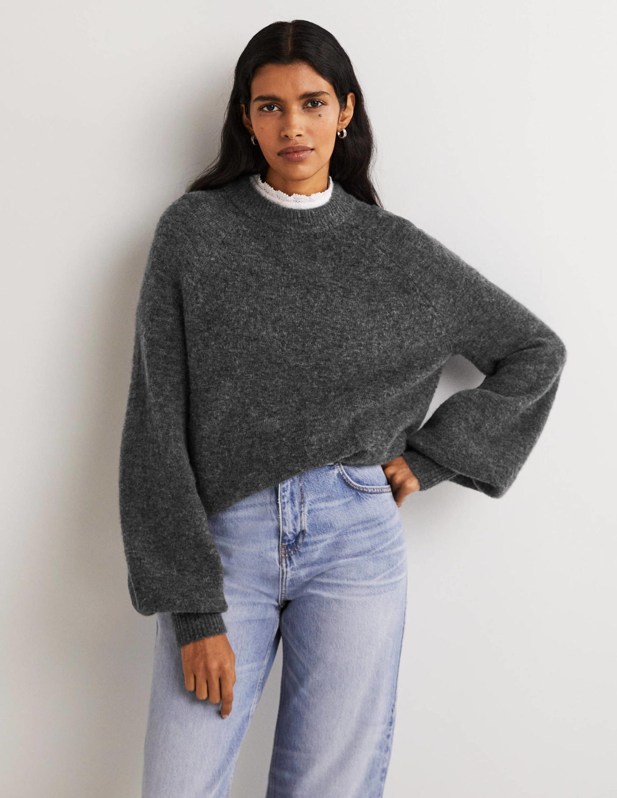 Blouson Sleeve Fluffy Sweater-Charcoal Melange-4