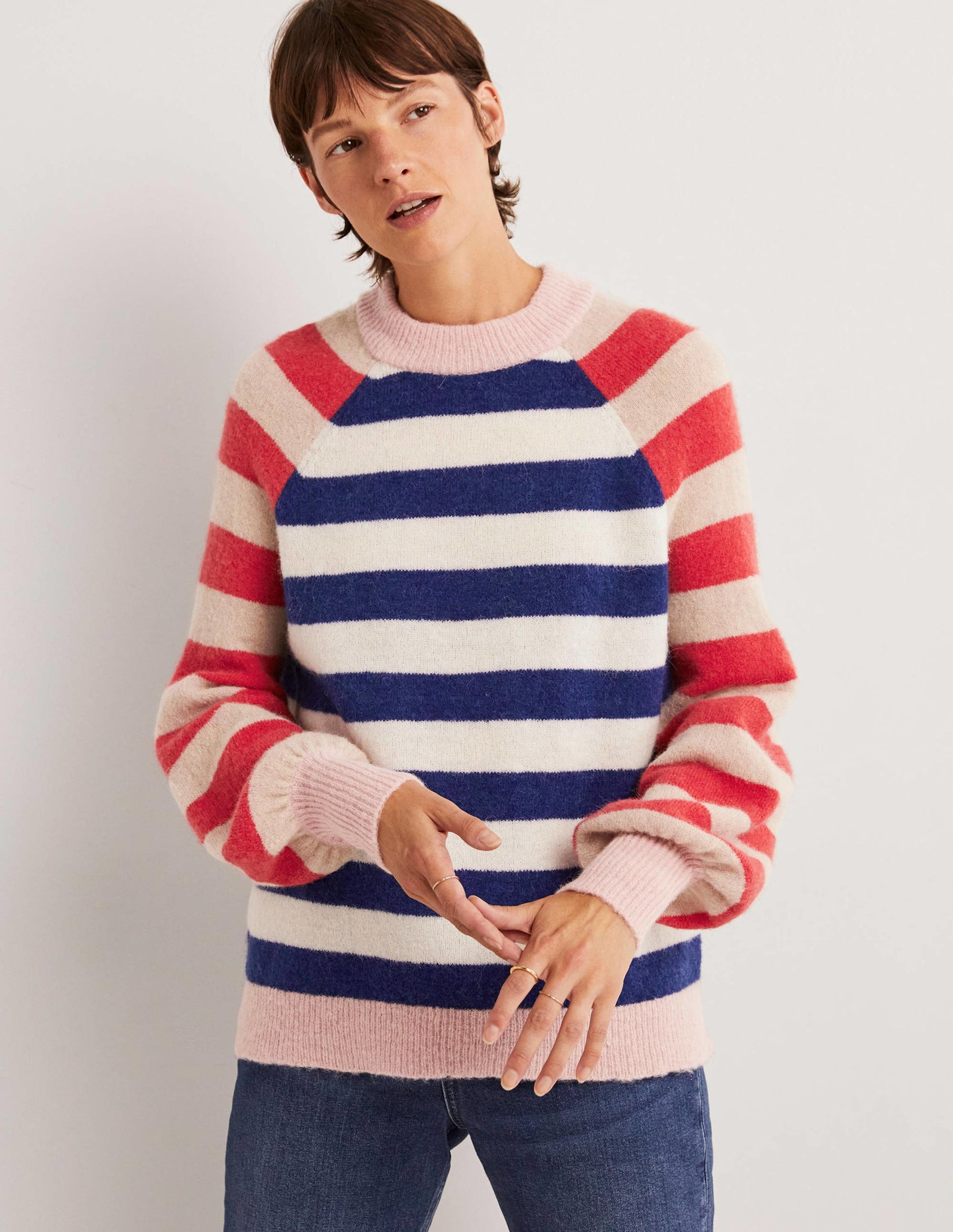 Blouson Sleeve Fluffy Sweater-Starboard, Ivory Mixed Stripe-4