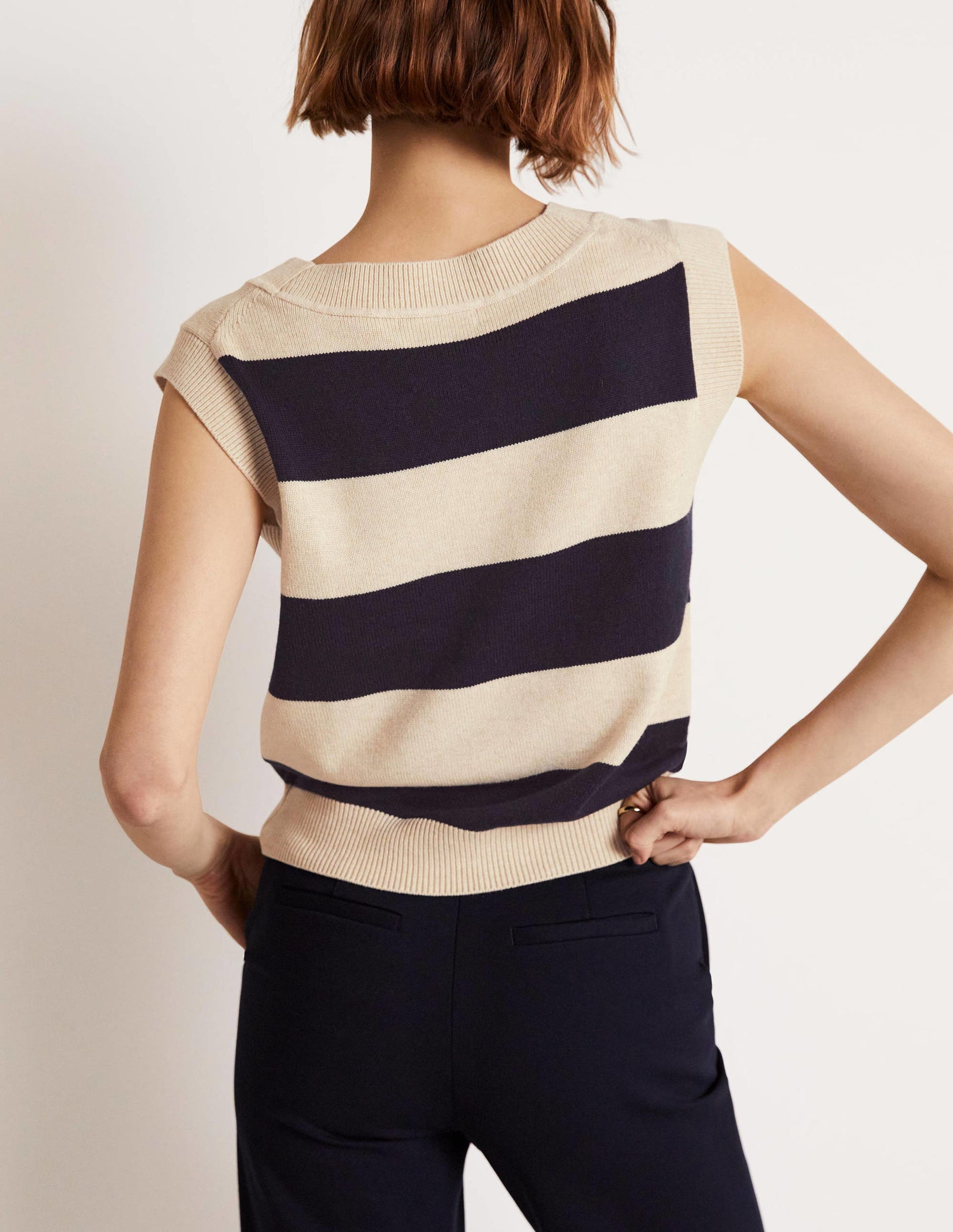 V-neck Knitted Sweater Vest-Navy/Oatmeal Melange Stripe-8