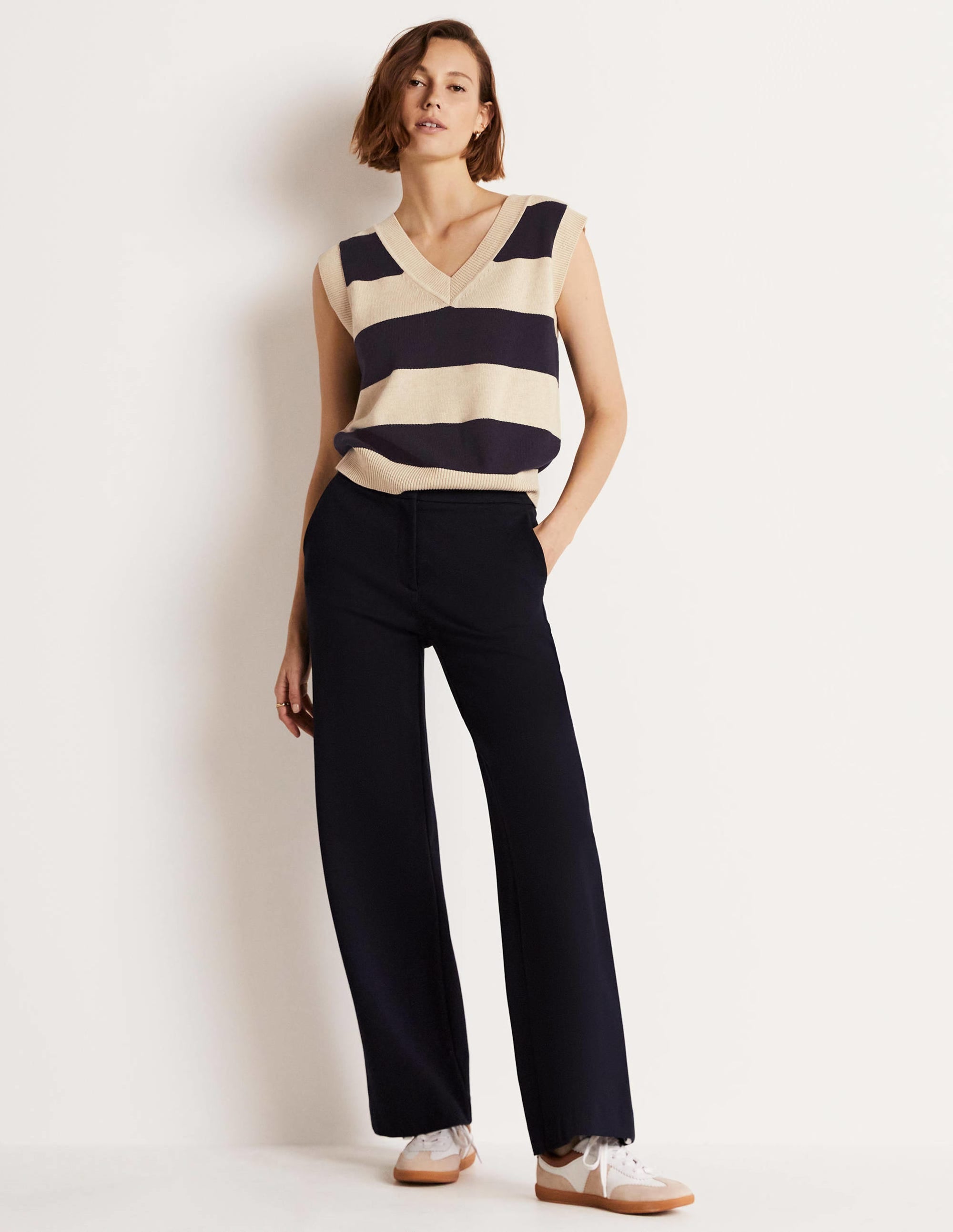 V-neck Knitted Sweater Vest-Navy/Oatmeal Melange Stripe - Image 10