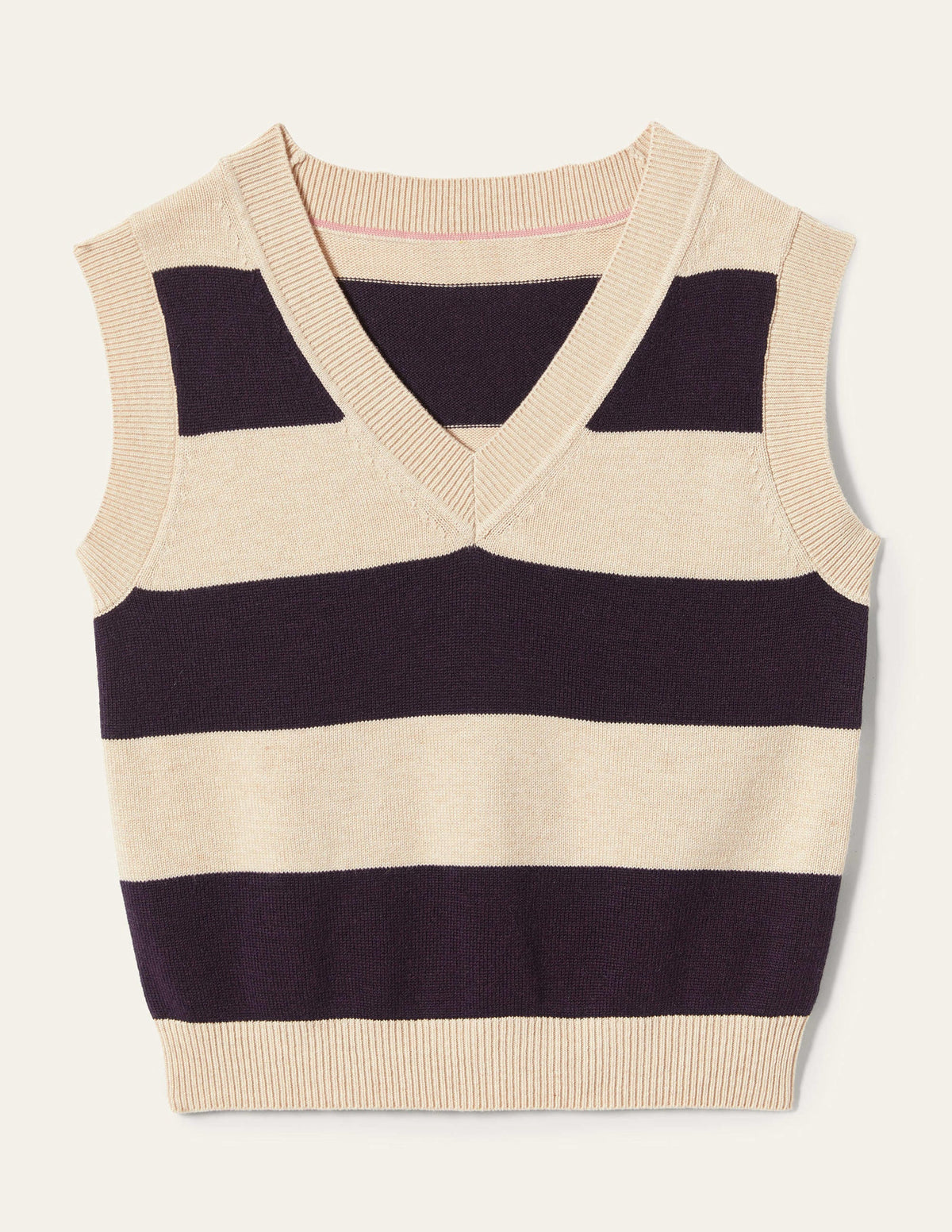V-neck Knitted Sweater Vest-Navy/Oatmeal Melange Stripe-11