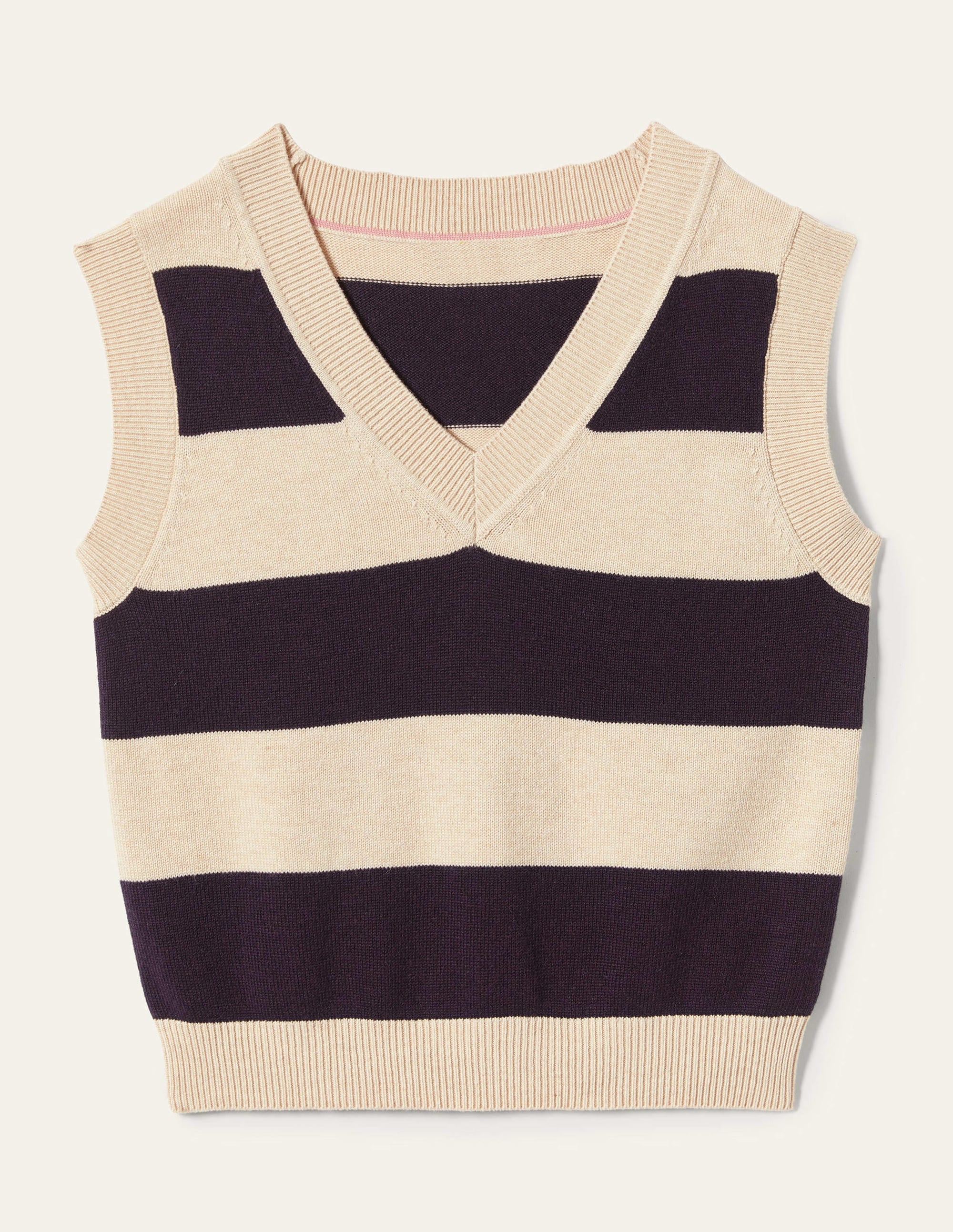 V-neck Knitted Sweater Vest-Navy/Oatmeal Melange Stripe - Image 11