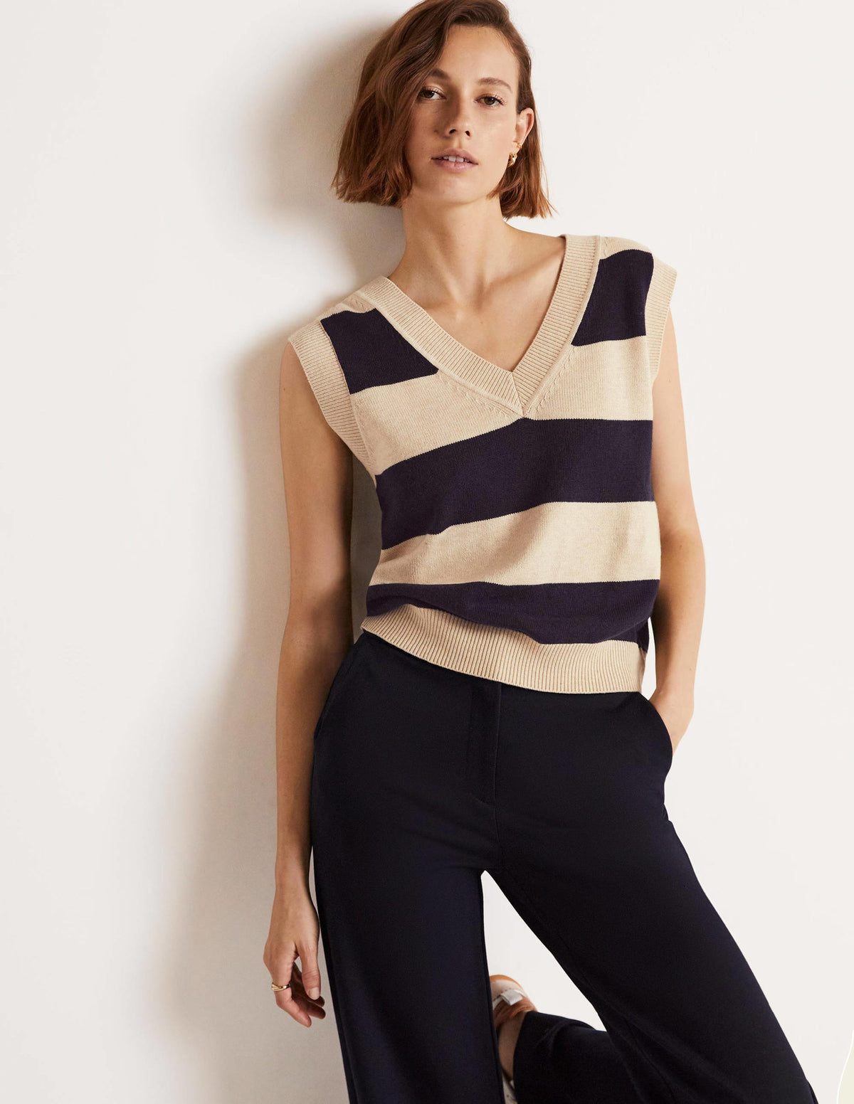 V-neck Knitted Sweater Vest-Navy/Oatmeal Melange Stripe - Image 1