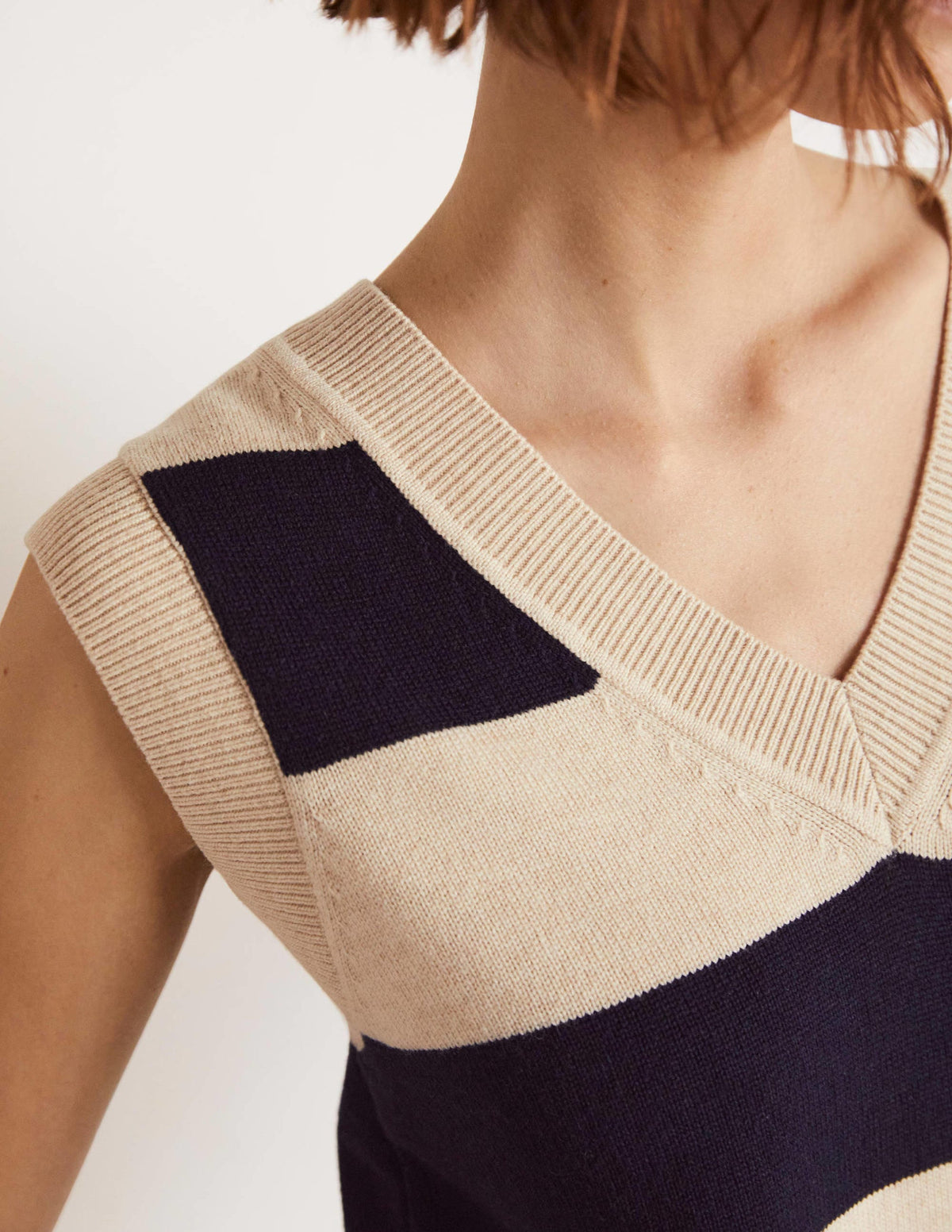 V-neck Knitted Sweater Vest-Navy/Oatmeal Melange Stripe-2