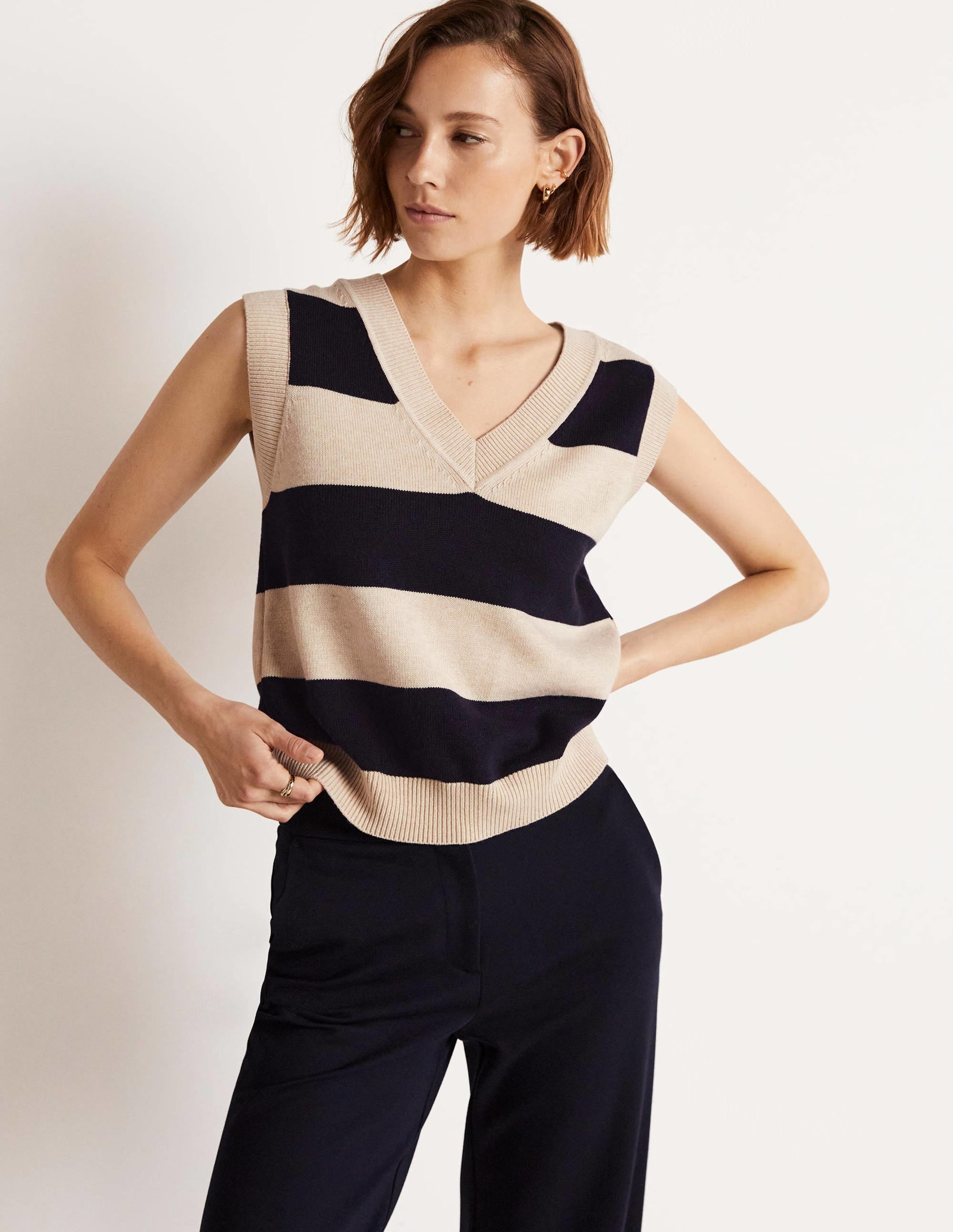 V-neck Knitted Sweater Vest-Navy/Oatmeal Melange Stripe - Image 4
