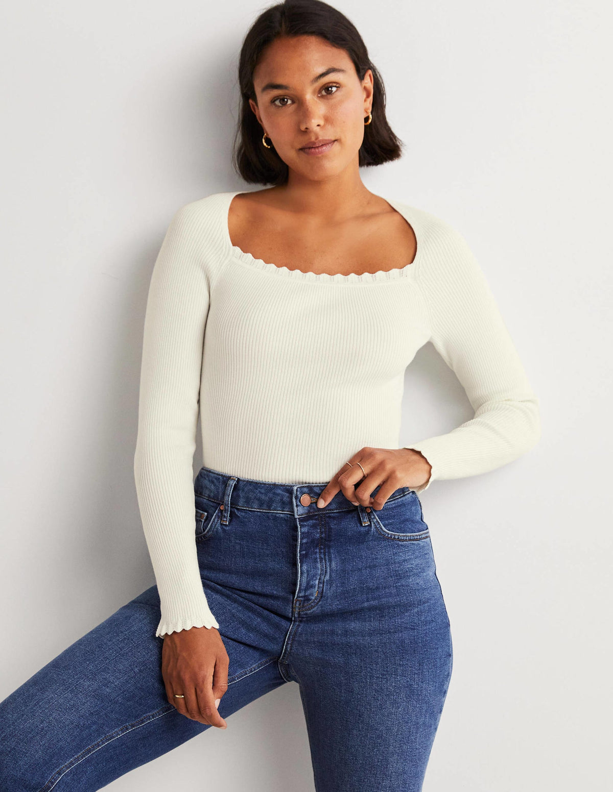 Ribbed Square Neck Knitted Top-Ivory-4