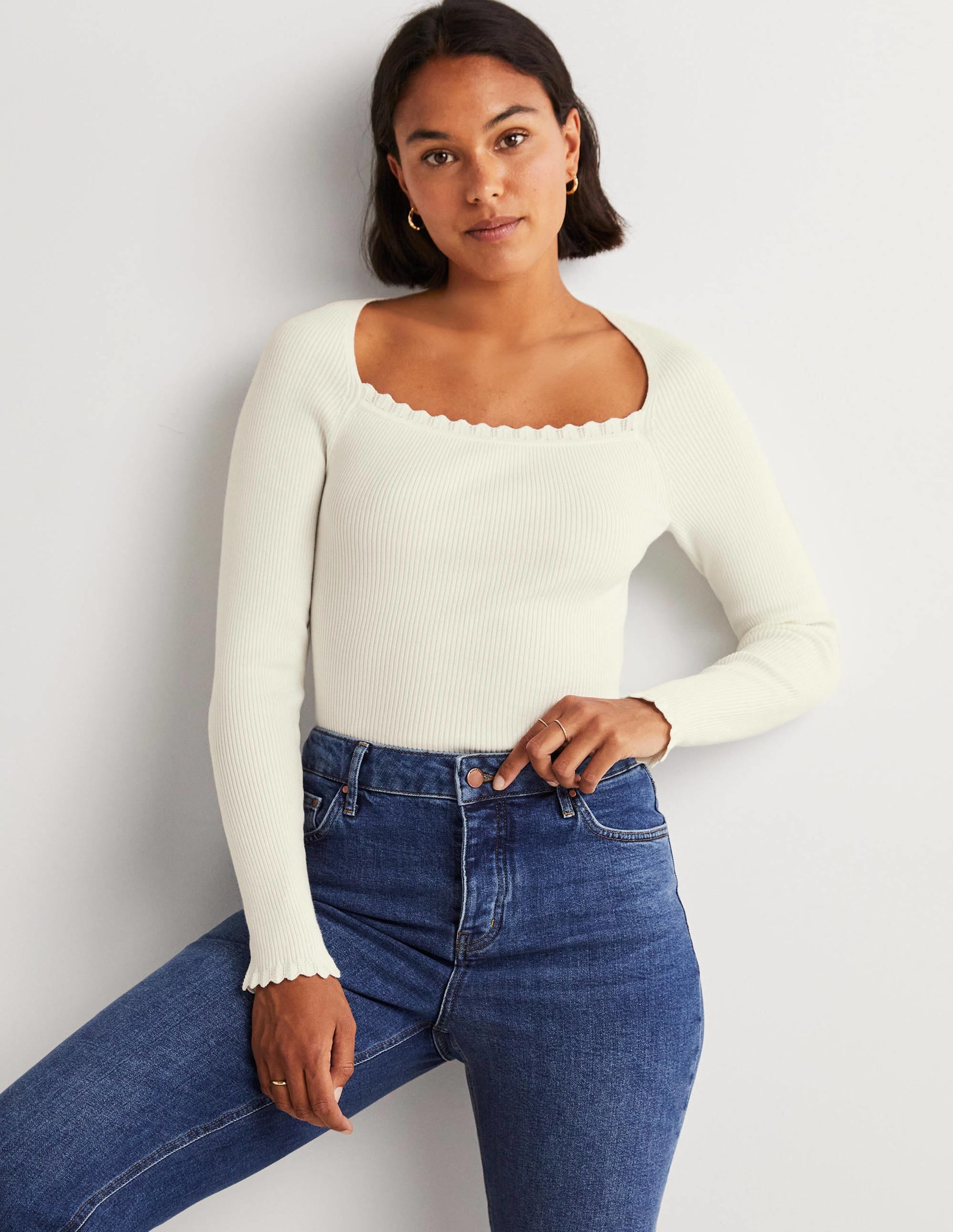 Ribbed Square Neck Knitted Top-Ivory - Image 4