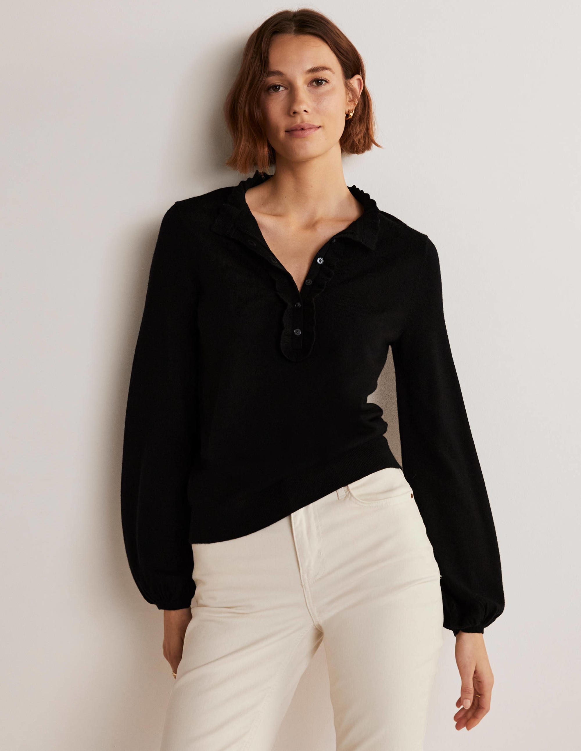 Button Front Merino Sweater-Black - Image 1