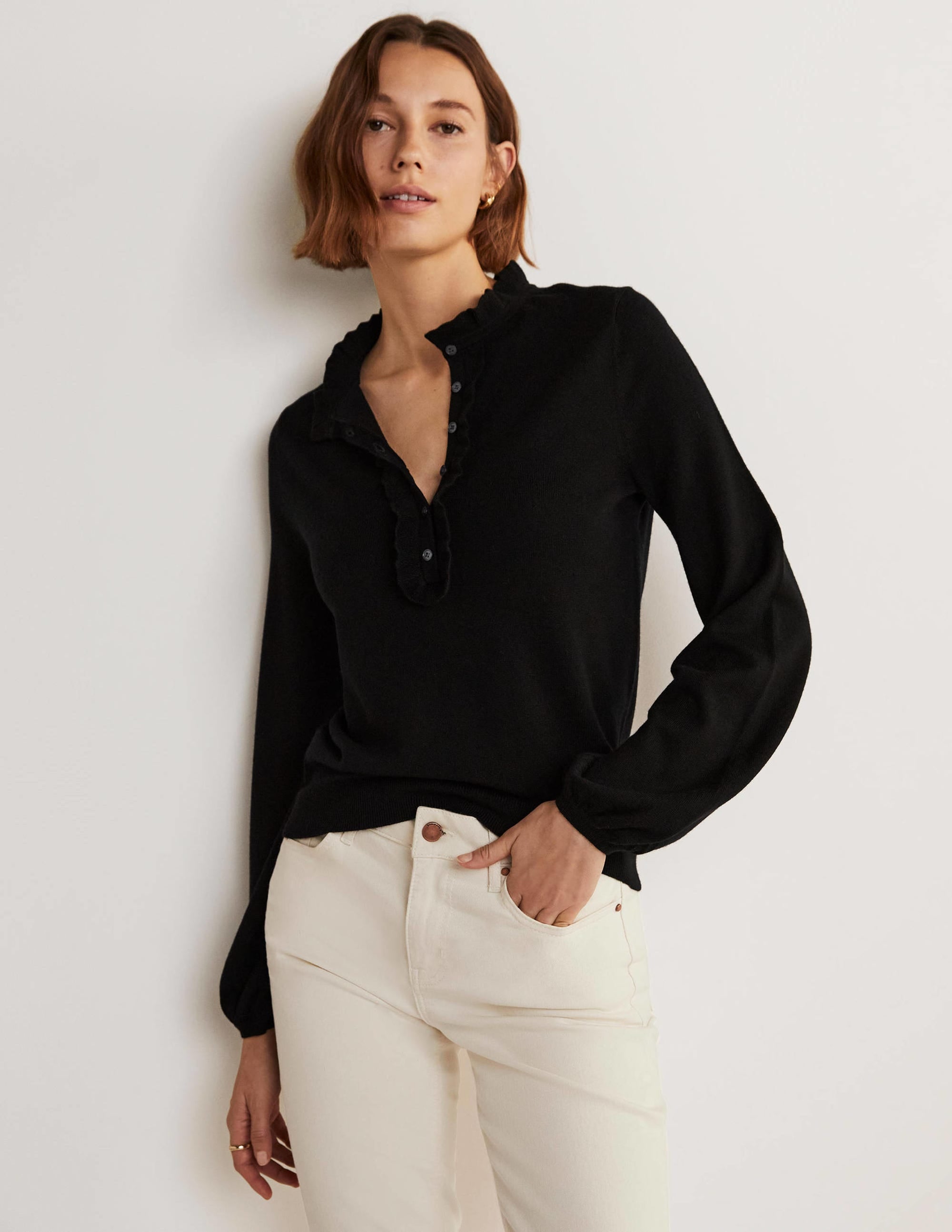 Button Front Merino Sweater-Black - Image 4