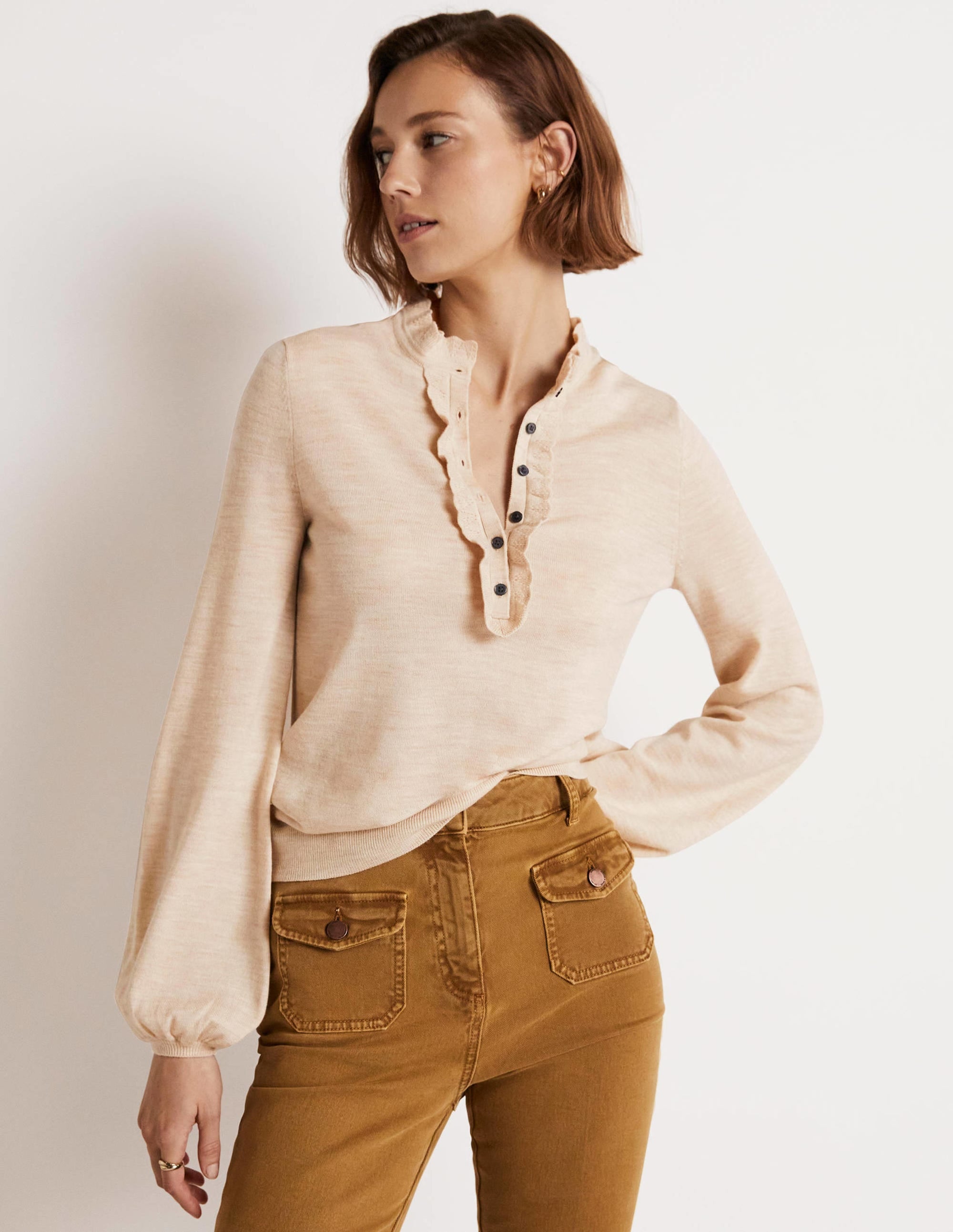Button Front Merino Sweater-Oatmeal Melange - Image 1