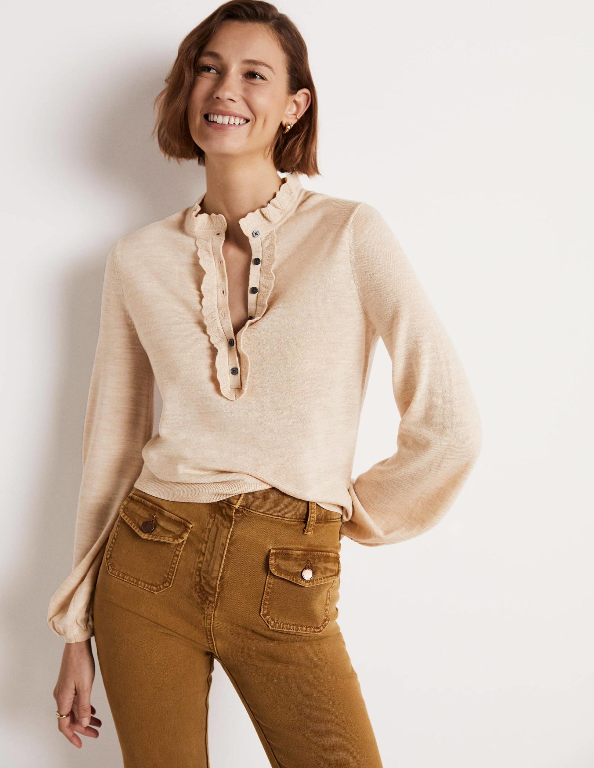 Button Front Merino Sweater-Oatmeal Melange-4