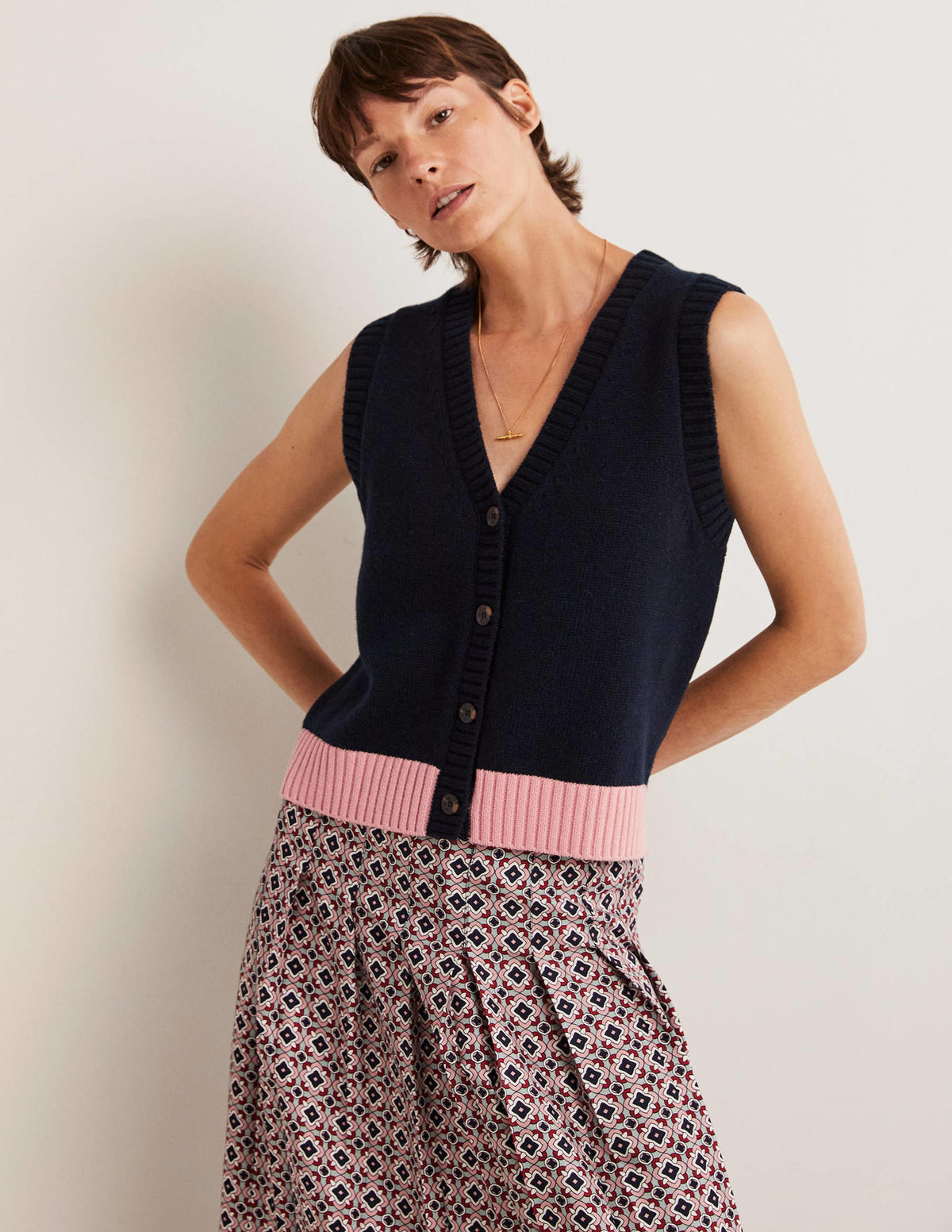 Button Up Knitted Tank Top-Navy, Milkshake - Image 1