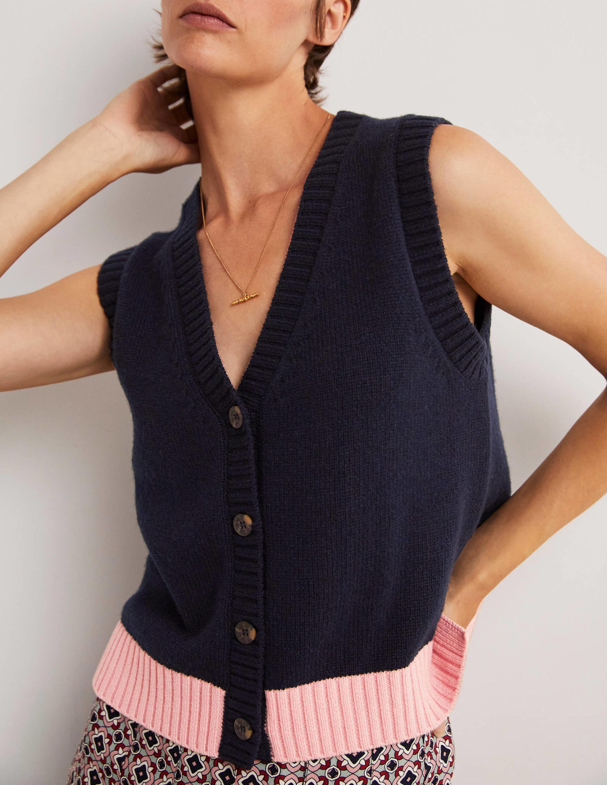 Button Up Knitted Tank Top-Navy, Milkshake - Image 4