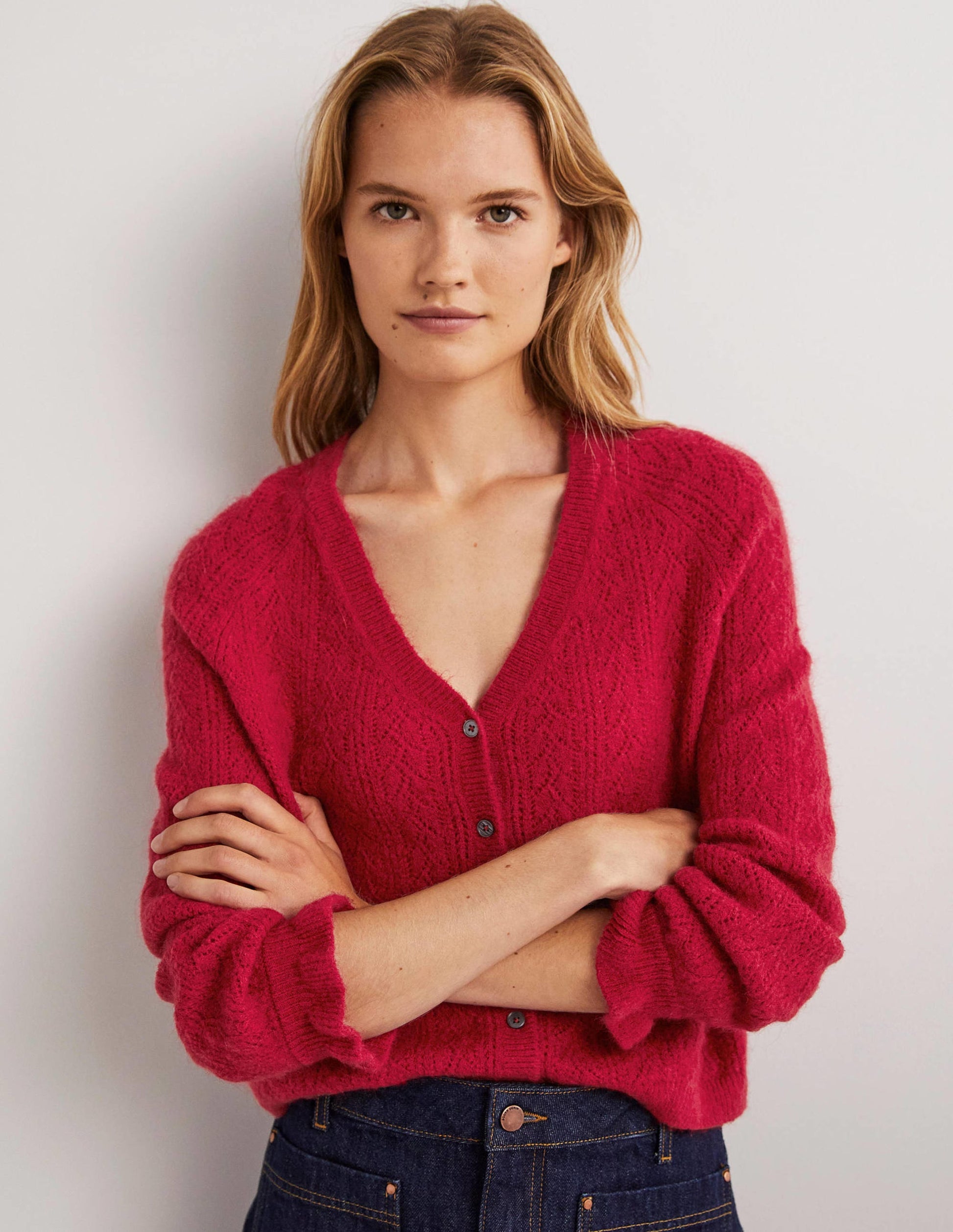 Fluffy Pointelle Cardigan-Ruby Red-1