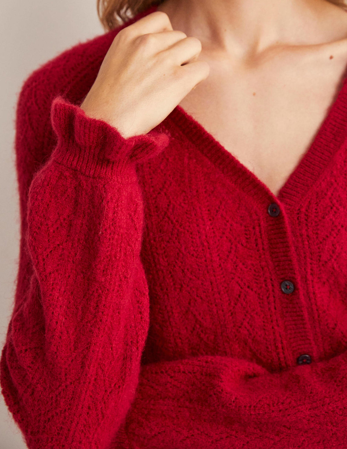 Fluffy Pointelle Cardigan-Ruby Red - Image 2