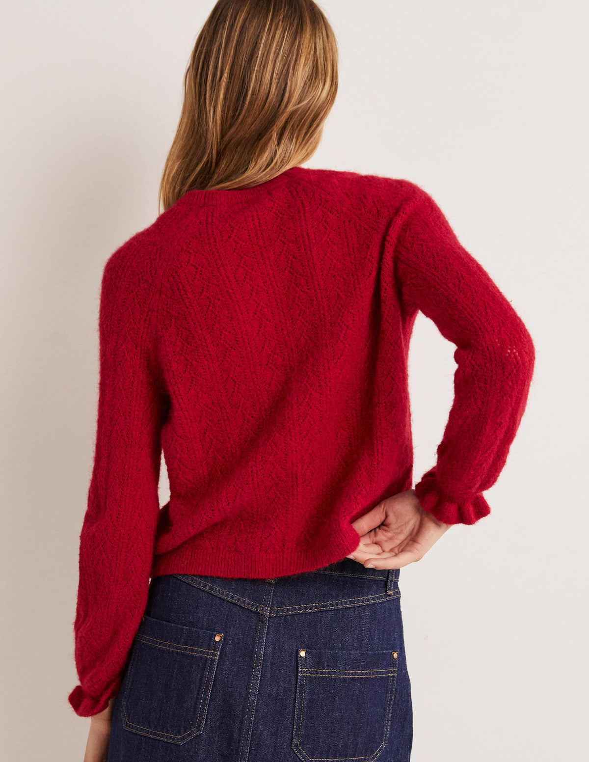 Fluffy Pointelle Cardigan-Ruby Red - Image 3