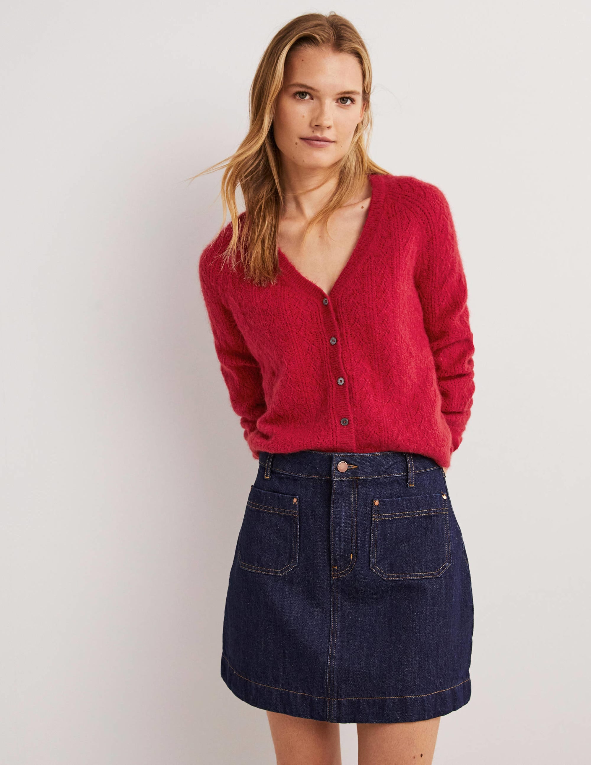 Fluffy Pointelle Cardigan-Ruby Red - Image 4