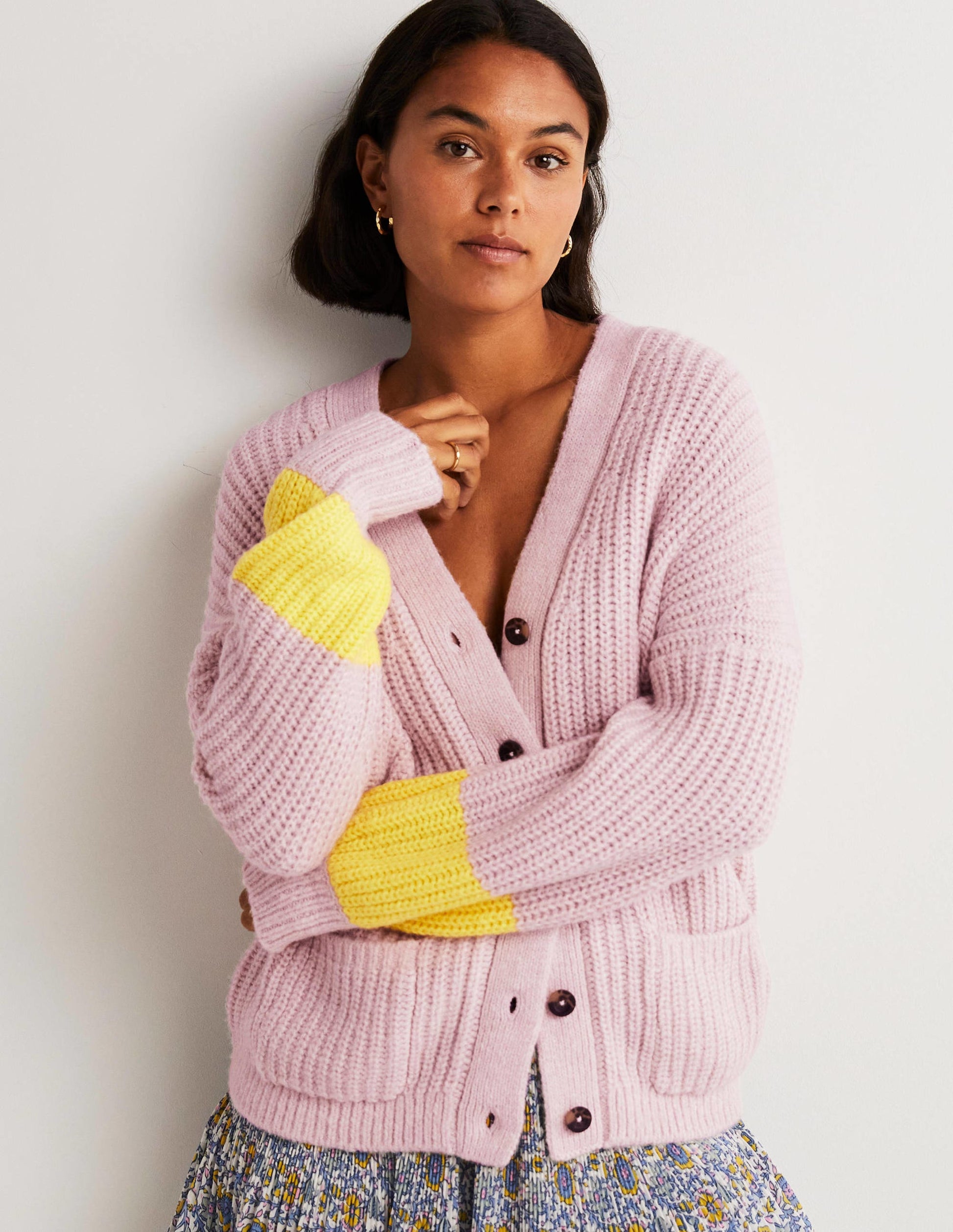 Fluffy Rib Relaxed Cardigan-Milkshake Pink, Neon Yellow-1