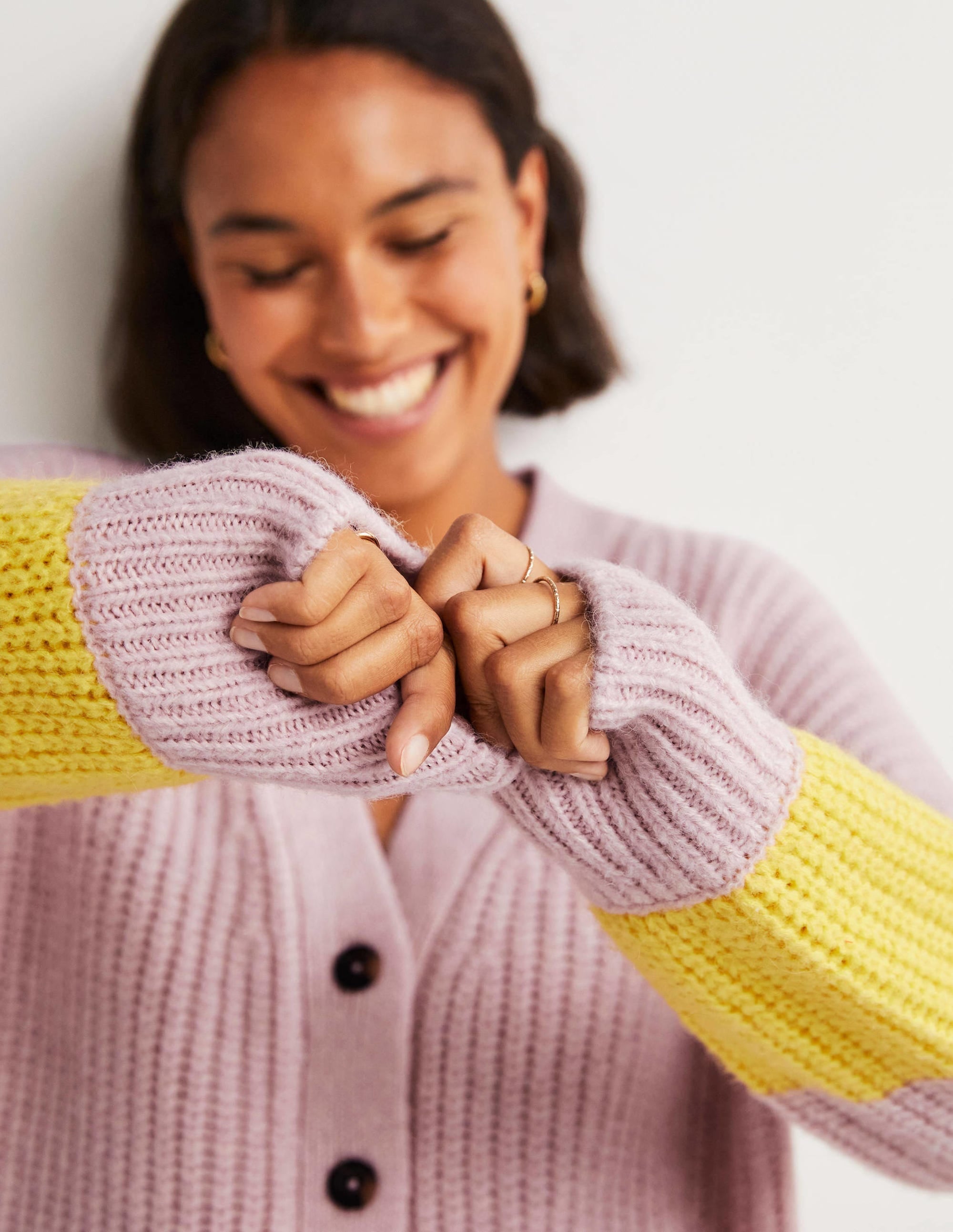Fluffy Rib Relaxed Cardigan-Milkshake Pink, Neon Yellow - Image 2