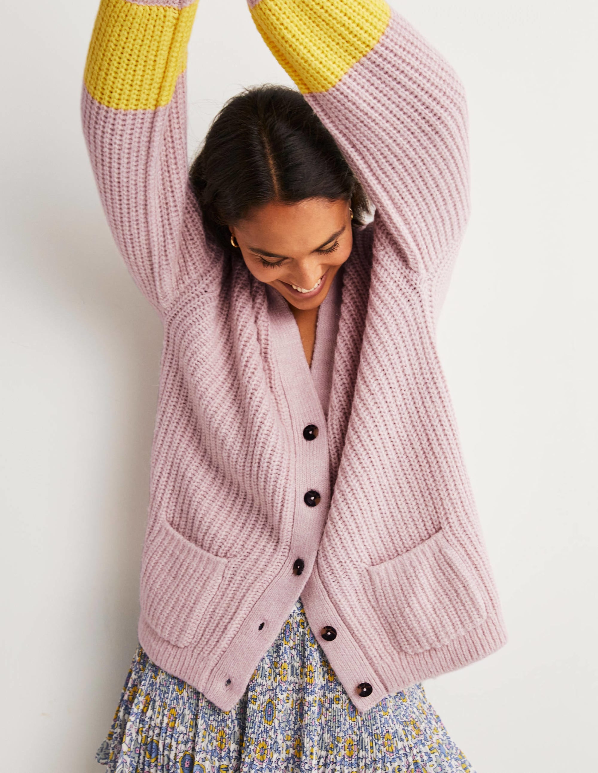Fluffy Rib Relaxed Cardigan-Milkshake Pink, Neon Yellow - Image 4