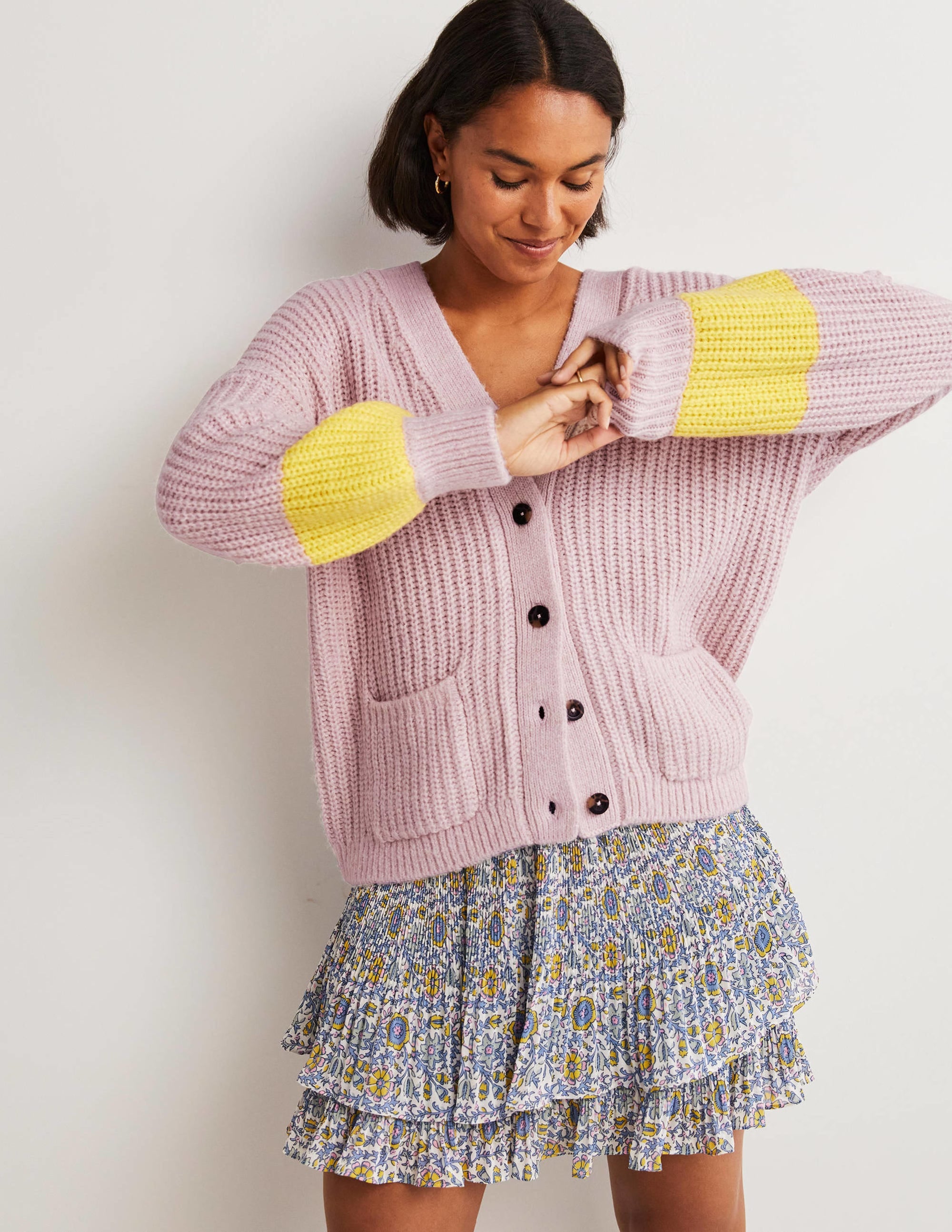 Fluffy Rib Relaxed Cardigan-Milkshake Pink, Neon Yellow - Image 5
