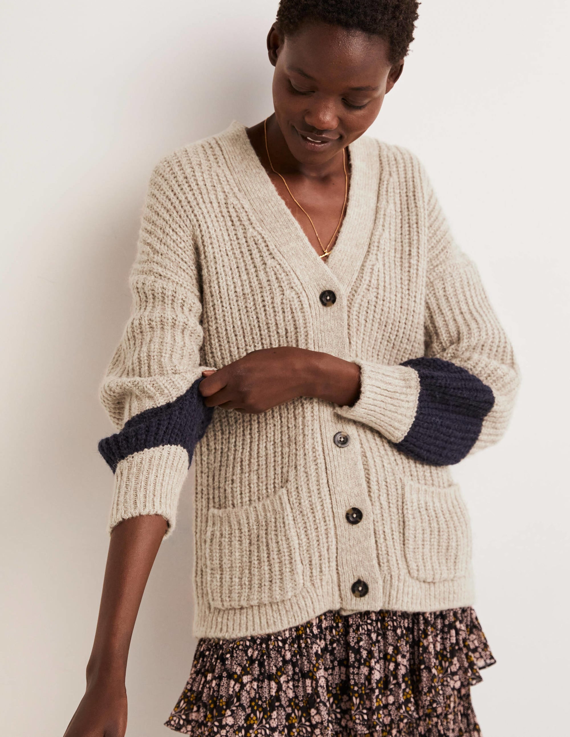 Fluffy Rib Relaxed Cardigan-Mink Melange, Navy - Image 1