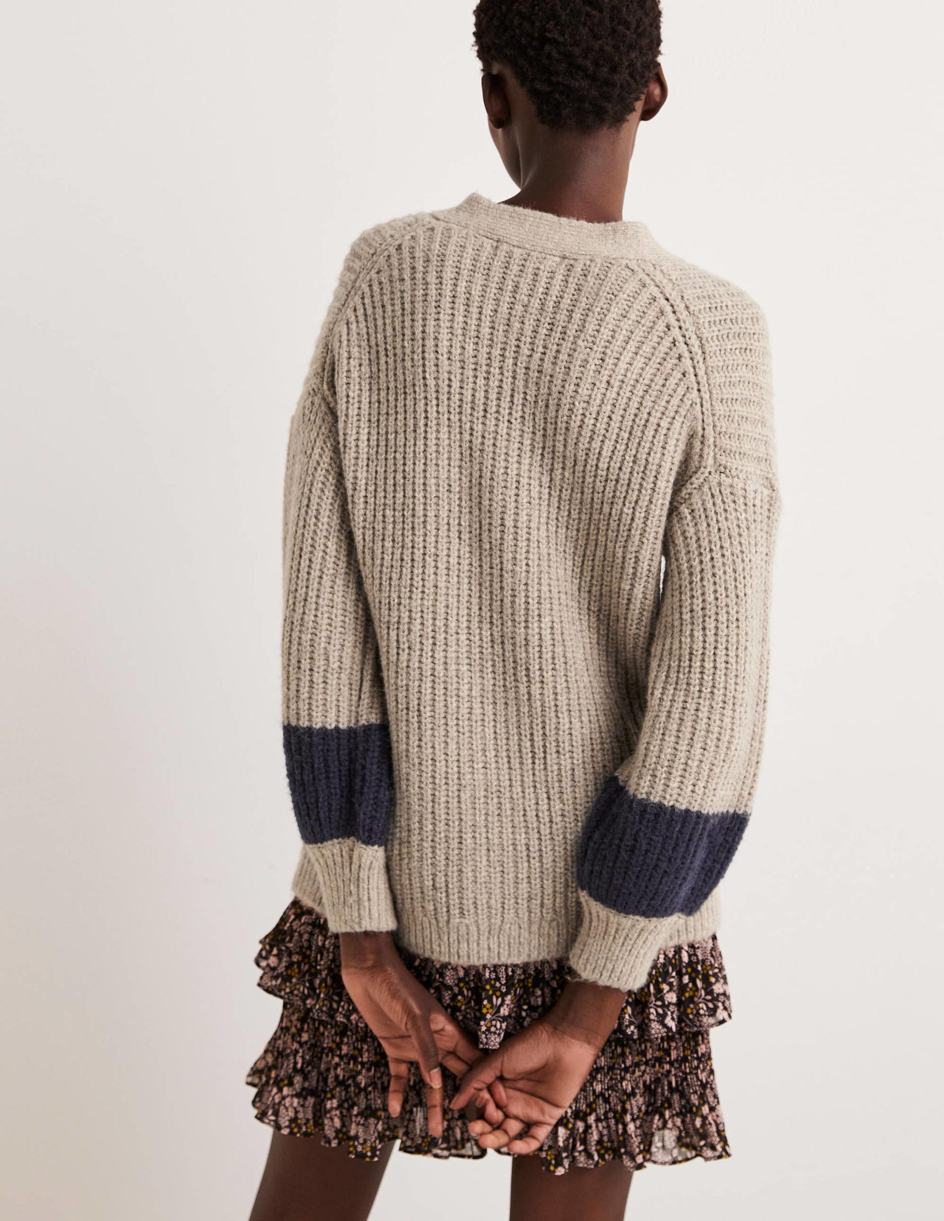 Fluffy Rib Relaxed Cardigan-Mink Melange, Navy-3
