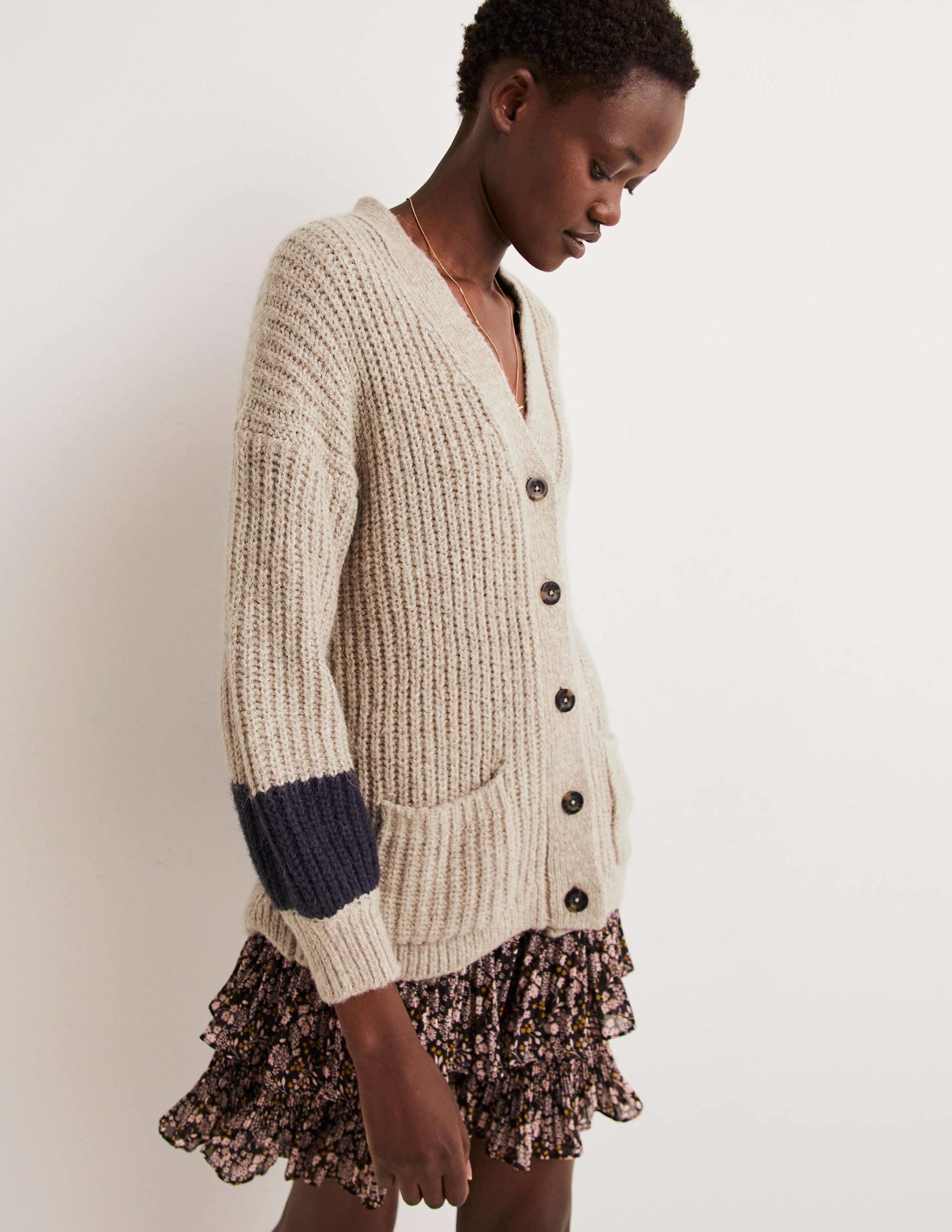 Fluffy Rib Relaxed Cardigan-Mink Melange, Navy - Image 4