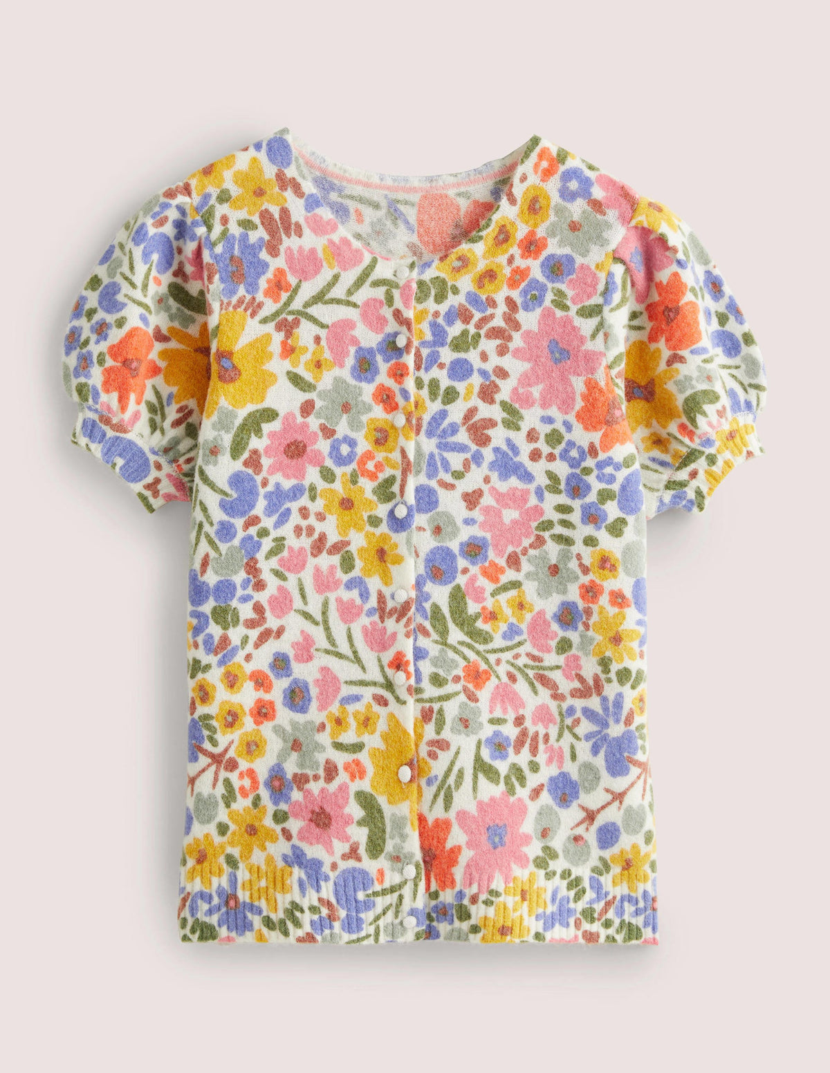 Printed Puff Sleeve Cardigan-Ivory, Abstract Ditsy-6