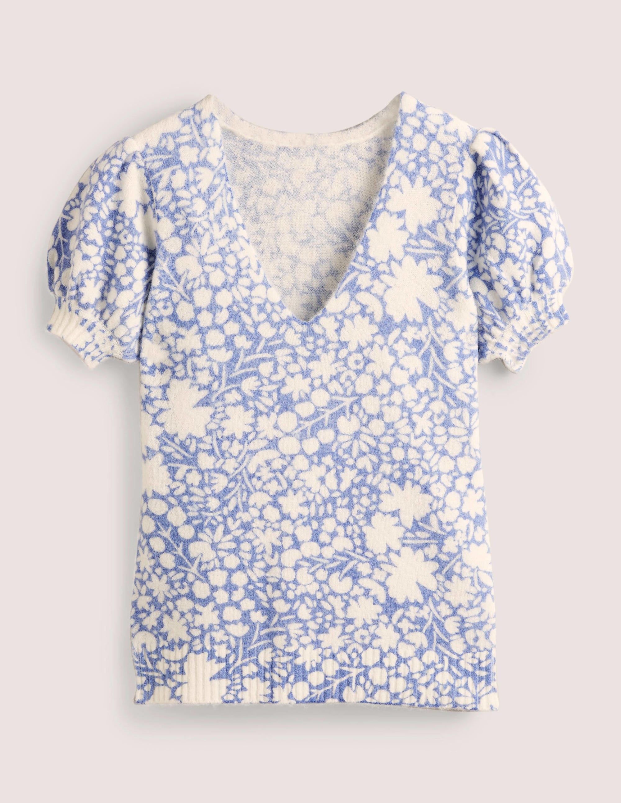 Printed Puff Sleeve Sweater-Riviera Blue, Abstract Ditsy - Image 6