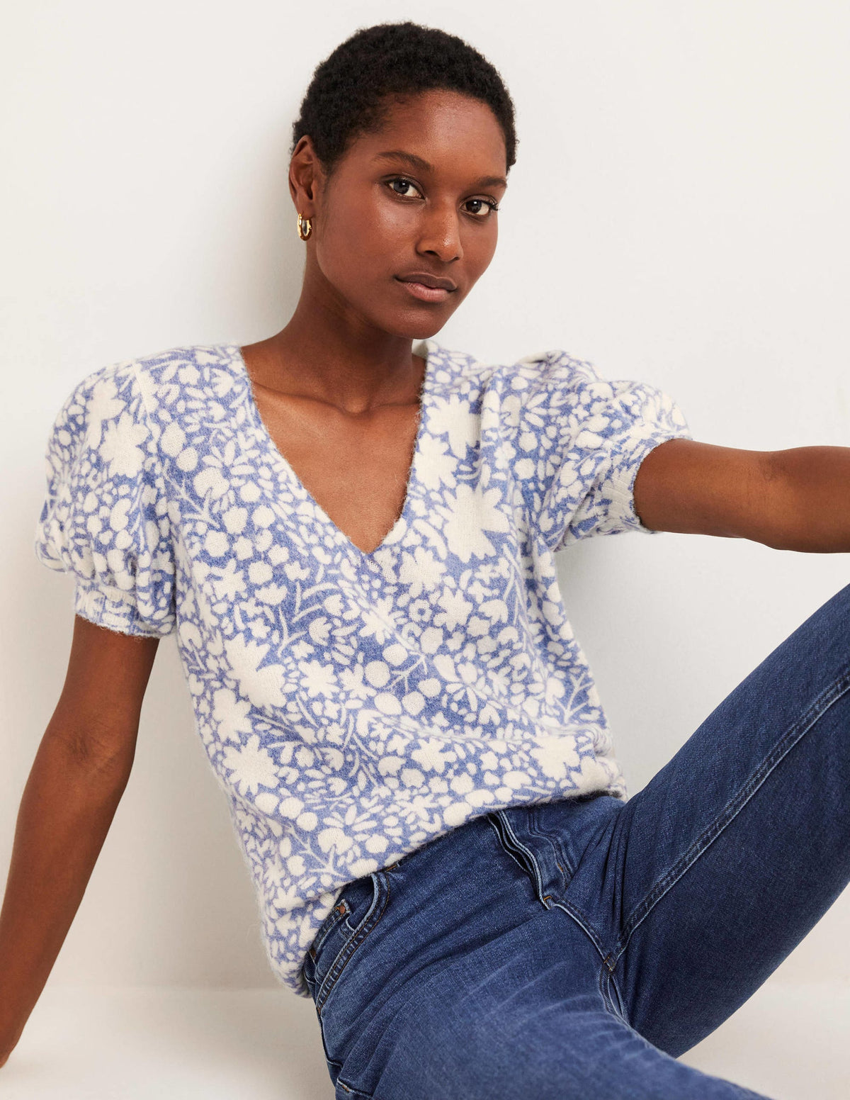Printed Puff Sleeve Sweater-Riviera Blue, Abstract Ditsy-1