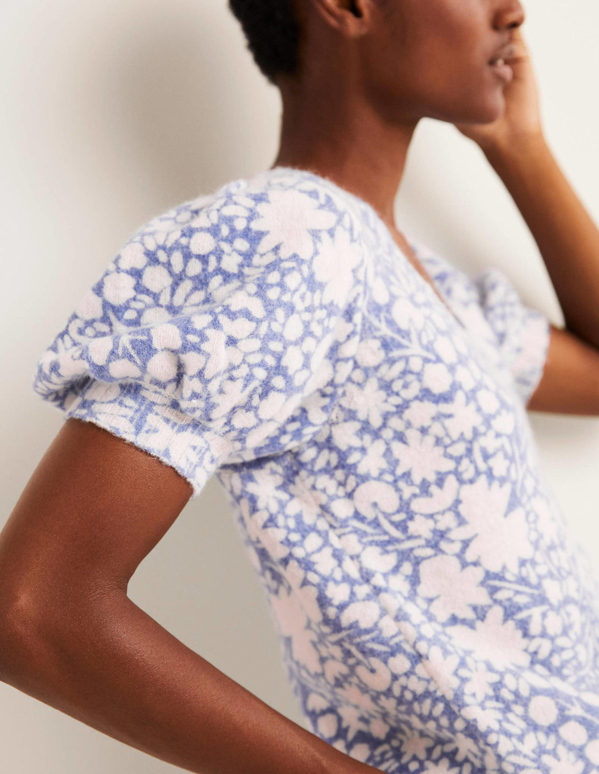Printed Puff Sleeve Sweater-Riviera Blue, Abstract Ditsy - Image 2