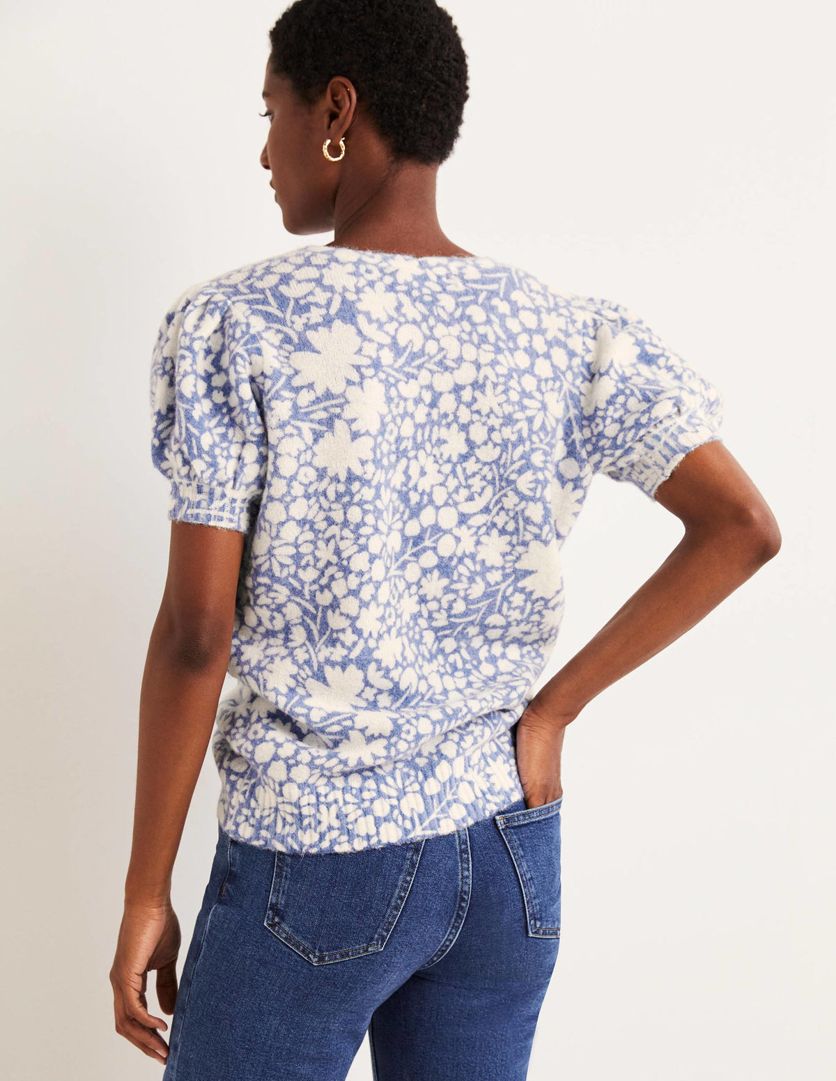 Printed Puff Sleeve Sweater-Riviera Blue, Abstract Ditsy - Image 3