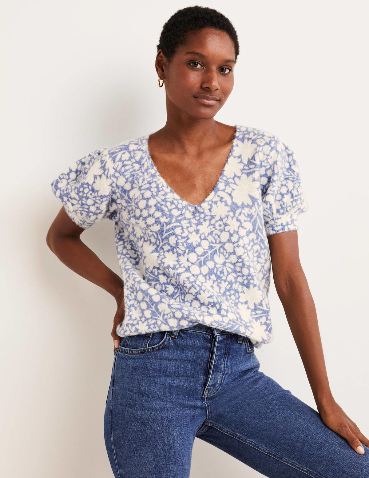 Printed Puff Sleeve Sweater-Riviera Blue, Abstract Ditsy-4