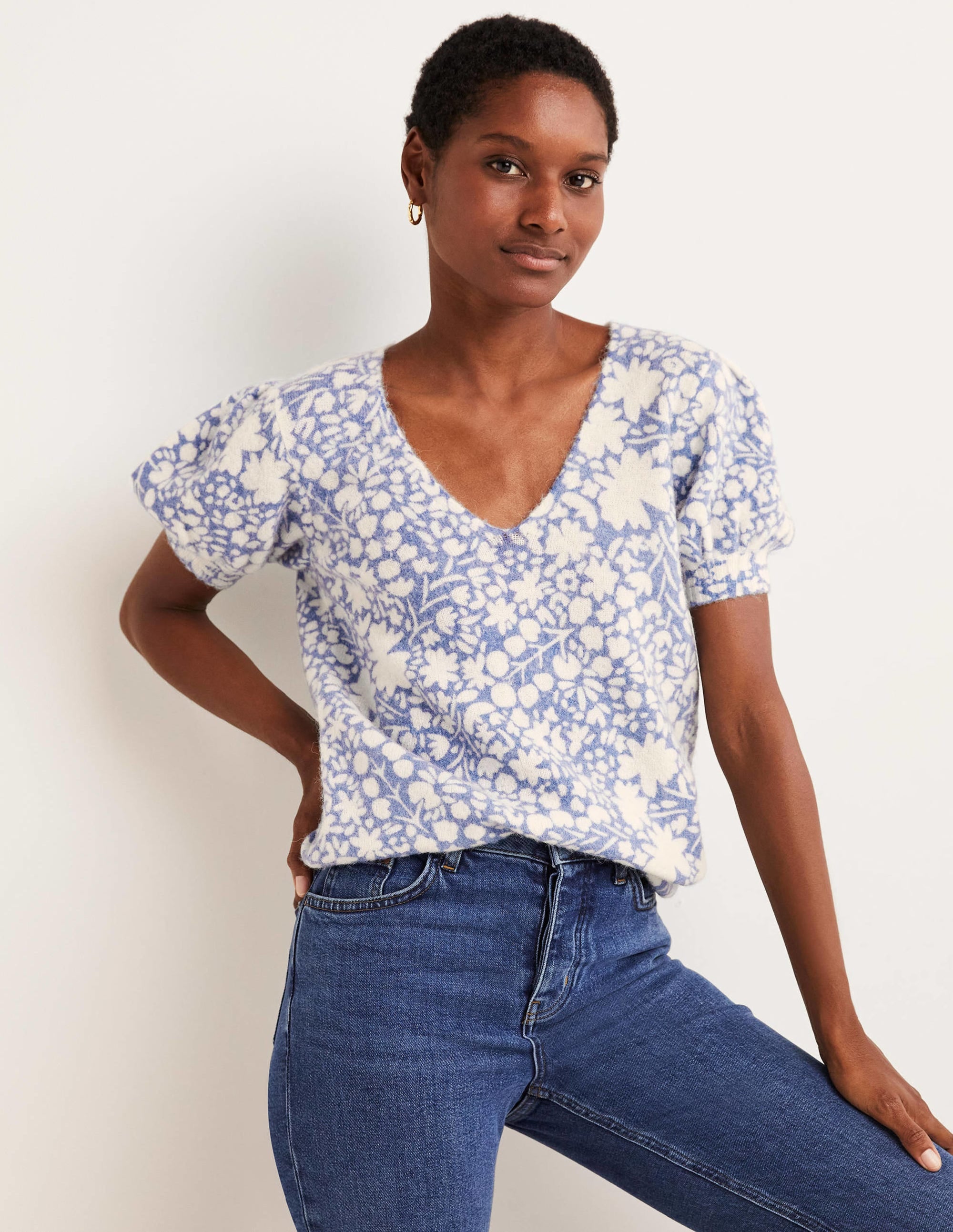 Printed Puff Sleeve Sweater-Riviera Blue, Abstract Ditsy - Image 4