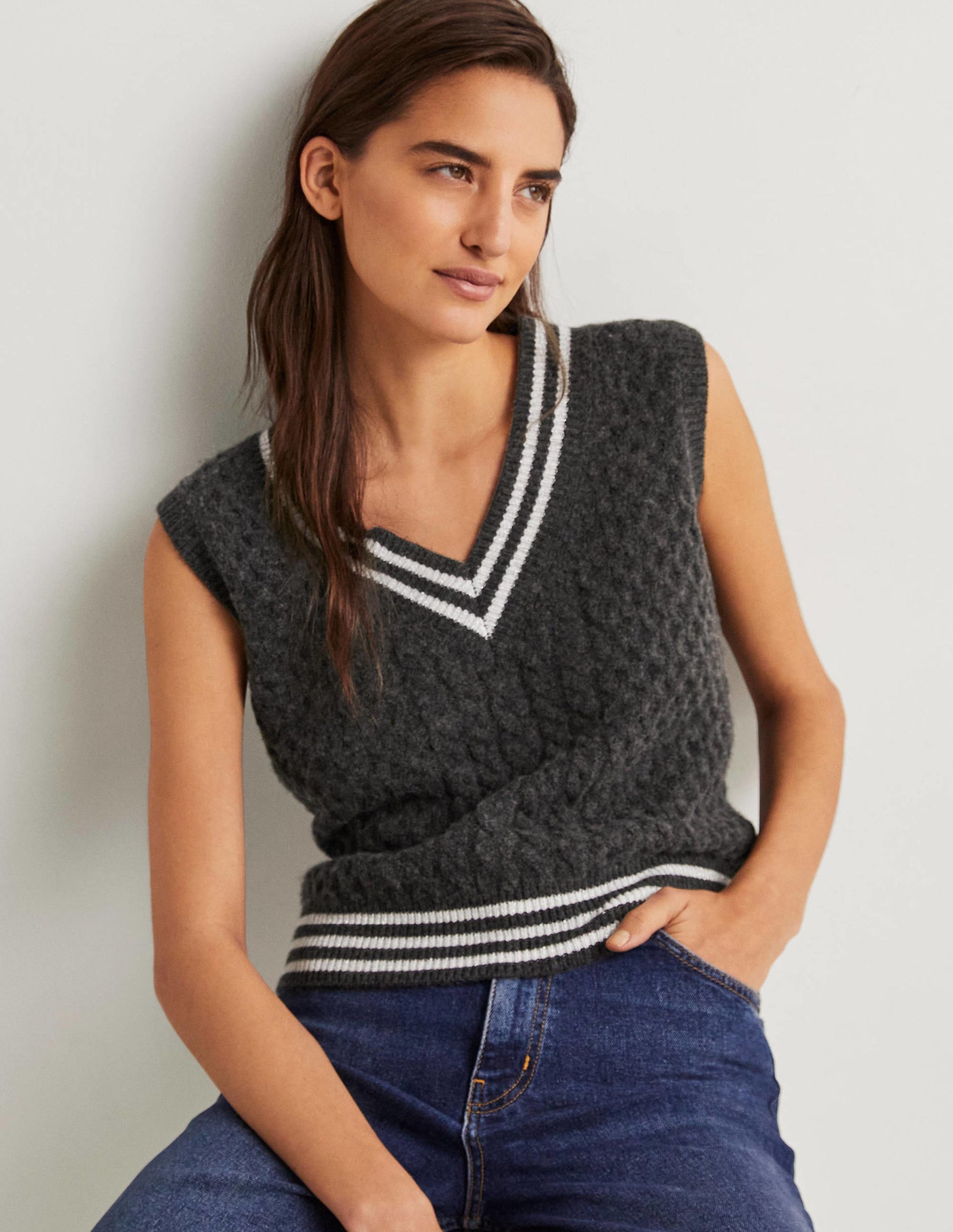 Cable Knit V-neck Sweater Vest-Charcoal Melange-1