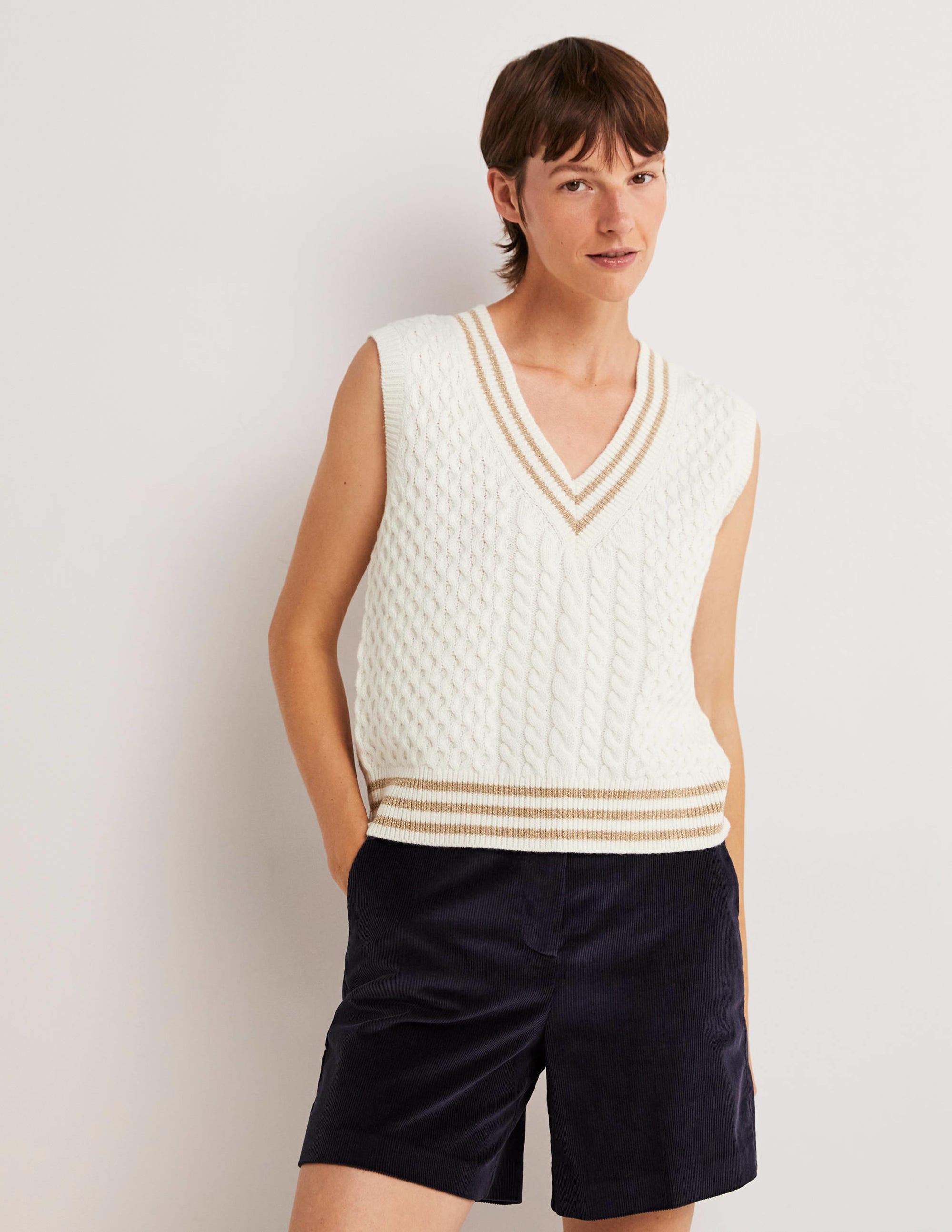 Cable Knit V-neck Sweater Vest-Ivory - Image 1