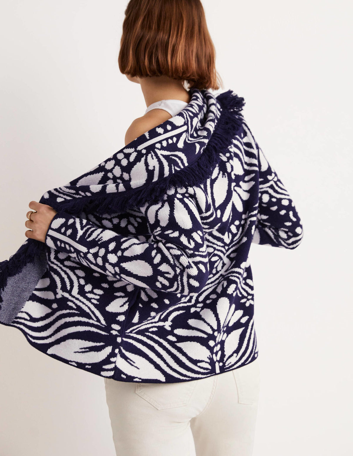 Fringed Jacquard Knit Jacket-Navy, Oriental Diamond-8