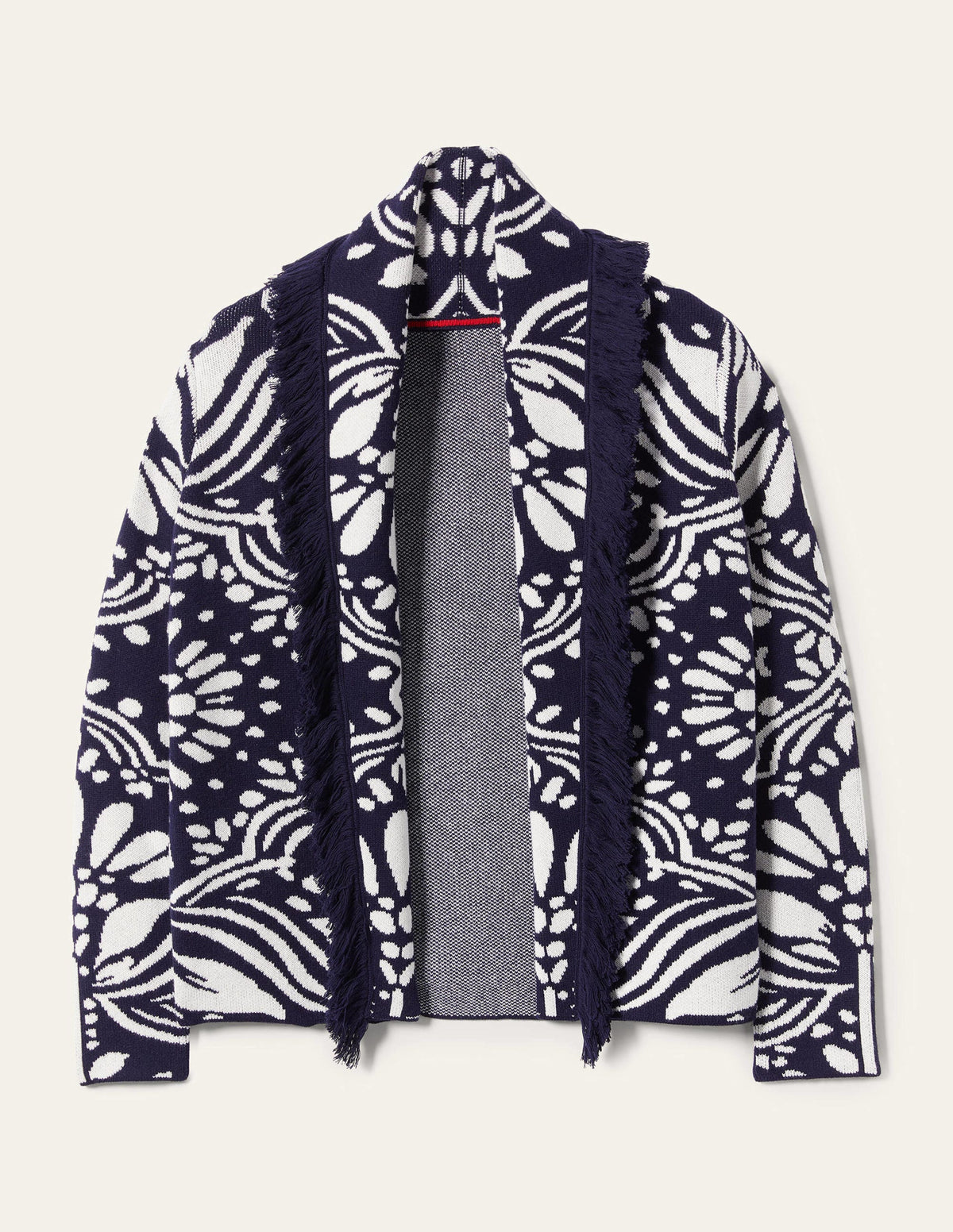 Fringed Jacquard Knit Jacket-Navy, Oriental Diamond-9