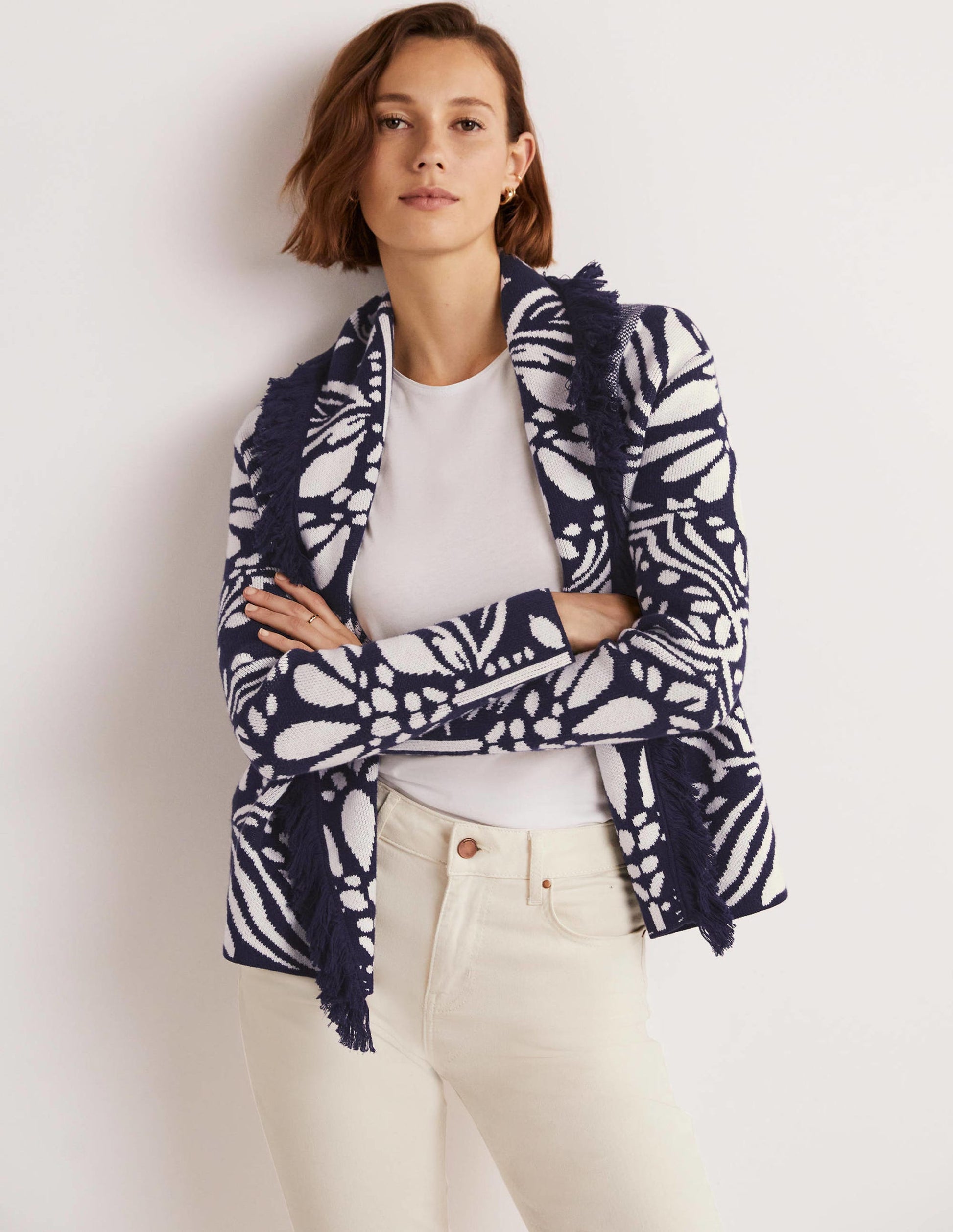 Fringed Jacquard Knit Jacket-Navy, Oriental Diamond-1