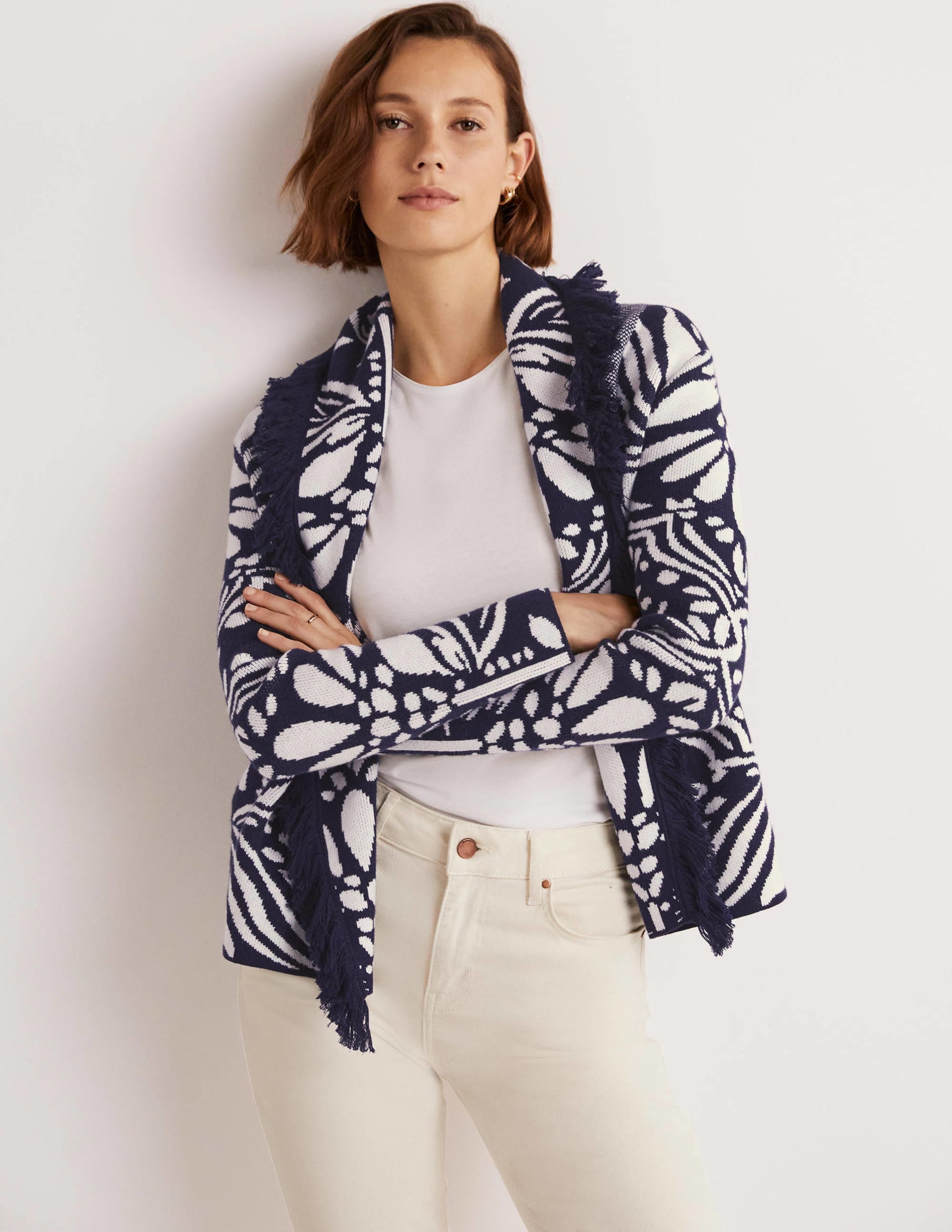 Fringed Jacquard Knit Jacket-Navy, Oriental Diamond - Image 1